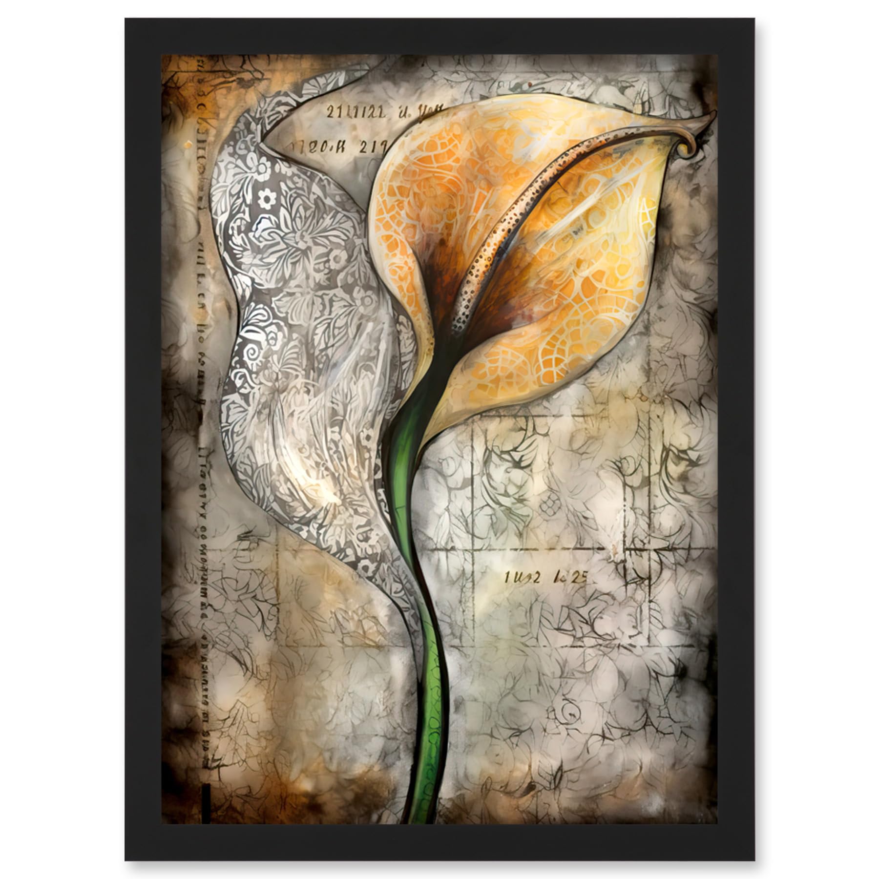 Artery8 Batik Style Pattern Calla Lily Flower Bloom Artwork Framed Wall Art Print A4