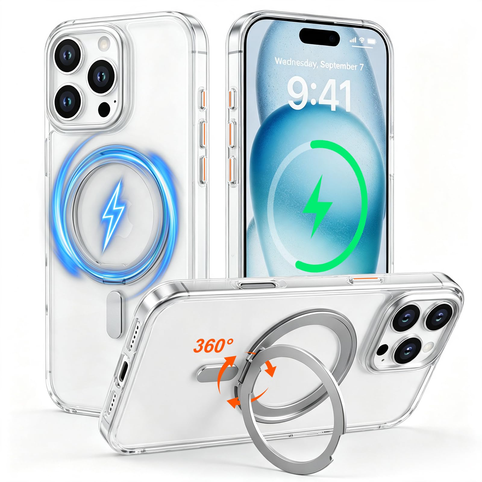Custodia per telefono compatibile con iPhone 15 Pro con supporto ad | Cavalletto magnetico compatibile con Magsafe, protezione militare contro le cadute, cover sottile in TPU traslucido