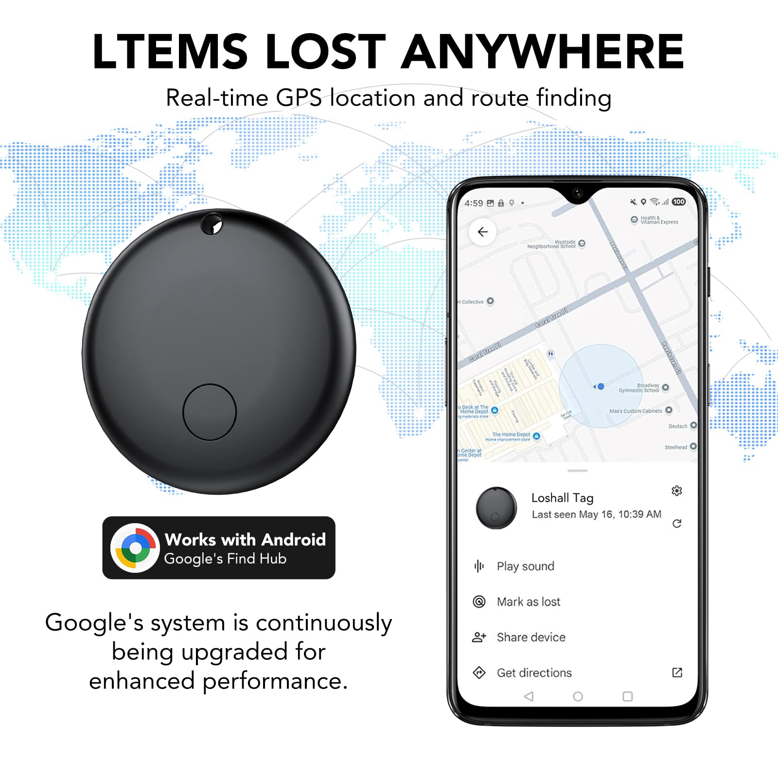 Android Smart Tag, Tracker con Google's Find Hub (Solo Android), IP68 Impermeabile, Bluetooth Localizzatore con Custodia Protettiva, Trova Oggetti per Chiavi/Bagagli/Portafogli, 4 Nero