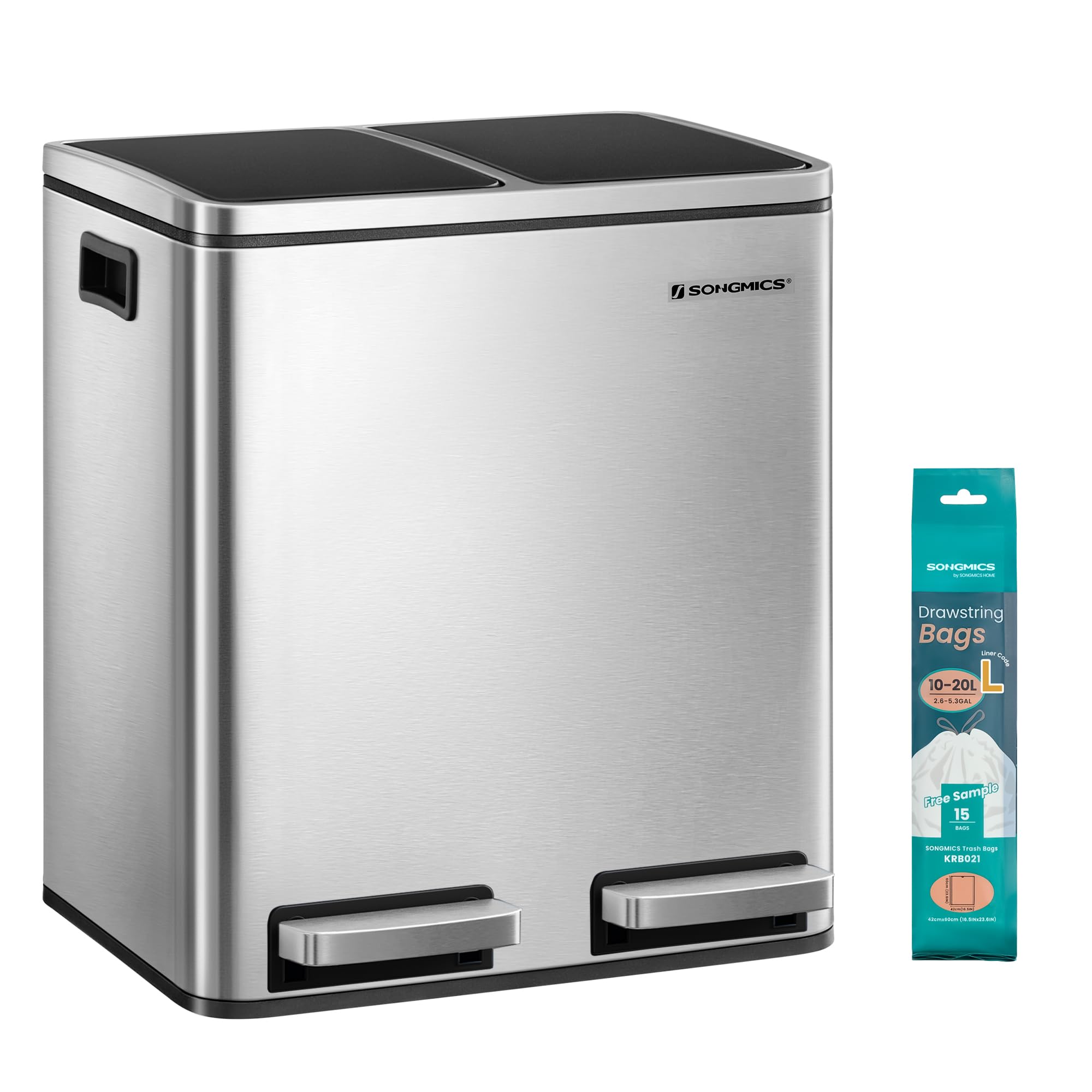 SONGMICS Cestino da Cucina, Doppio Secchio 2 x 15L per Raccolta Differenziata, Pattumiera a Pedale, Coperchi a Chiusura Morbida, Acciaio, Argento Metallizzato e Nero Inchiostro LTB30H