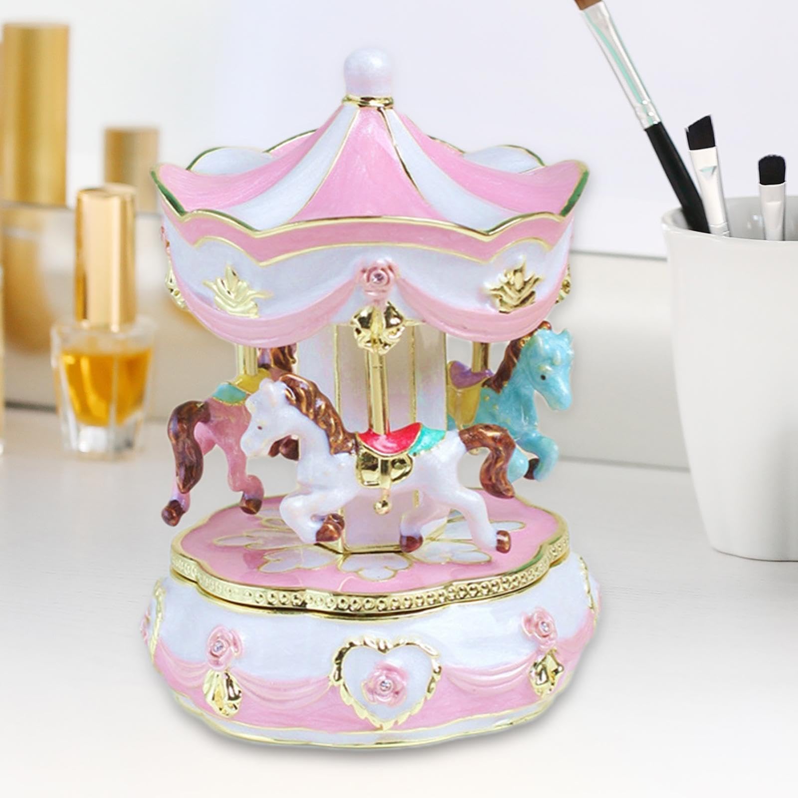 rockible Caja de baratijas de carrusel, joyero con escultura única, caja de recuerdos, estatuilla, organizador de joyas para pendientes, recuerdo, mujeres y