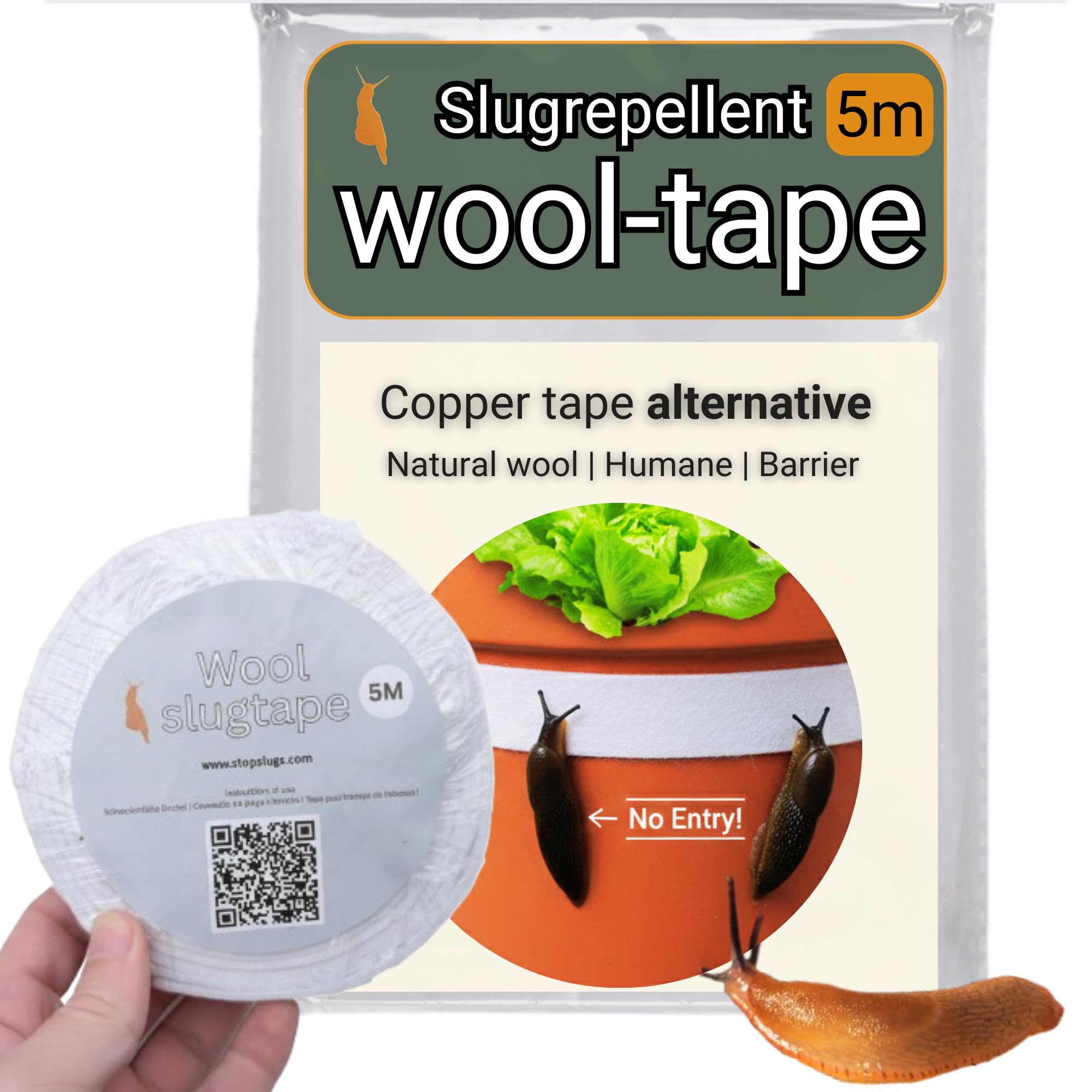 Slug Repellent Wool Tape – Natural Eco-Friendly Slug & Snail Barrier for Gardens – Pet Safe, Chemical-Free Protection for Plants – Copper Tape Alternative