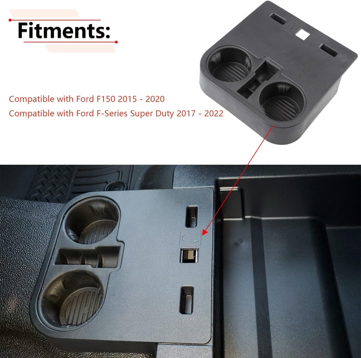 RLB-HILON Front Console Cup Holder Compatible with Ford F150 2015-2020 and Ford F-Series Super Duty 2017-2022 Year, Center Cup Holder Under Front Seat Bottom, HC3Z-2813562-AB
