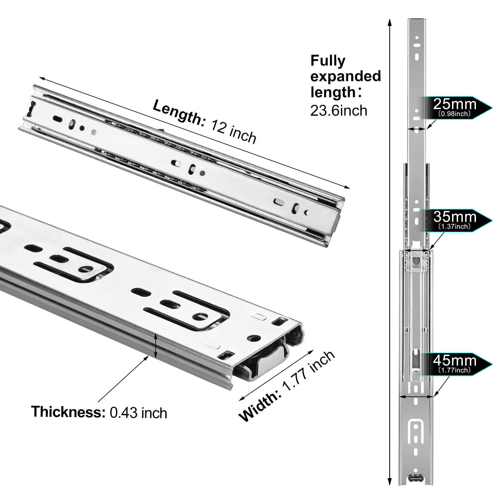 Snapklik.com : Kinlink 6 Pair 12 Inch Drawer Slides, 3- Fold Full ...