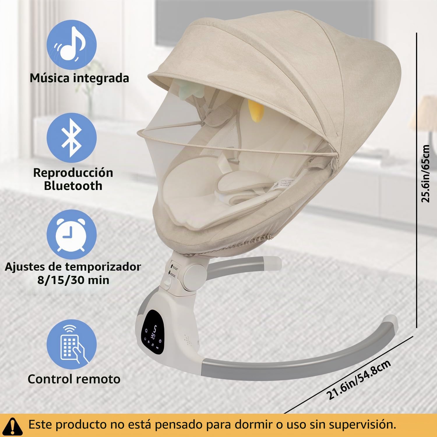 JFOVMCYG Columpio eléctrico para recién nacido con control remoto, 5 velocidades de balanceo, temporizador 8/15/30 min, arnés de 5 puntos, asiento lavable, estructura estable – Blanco Marfil