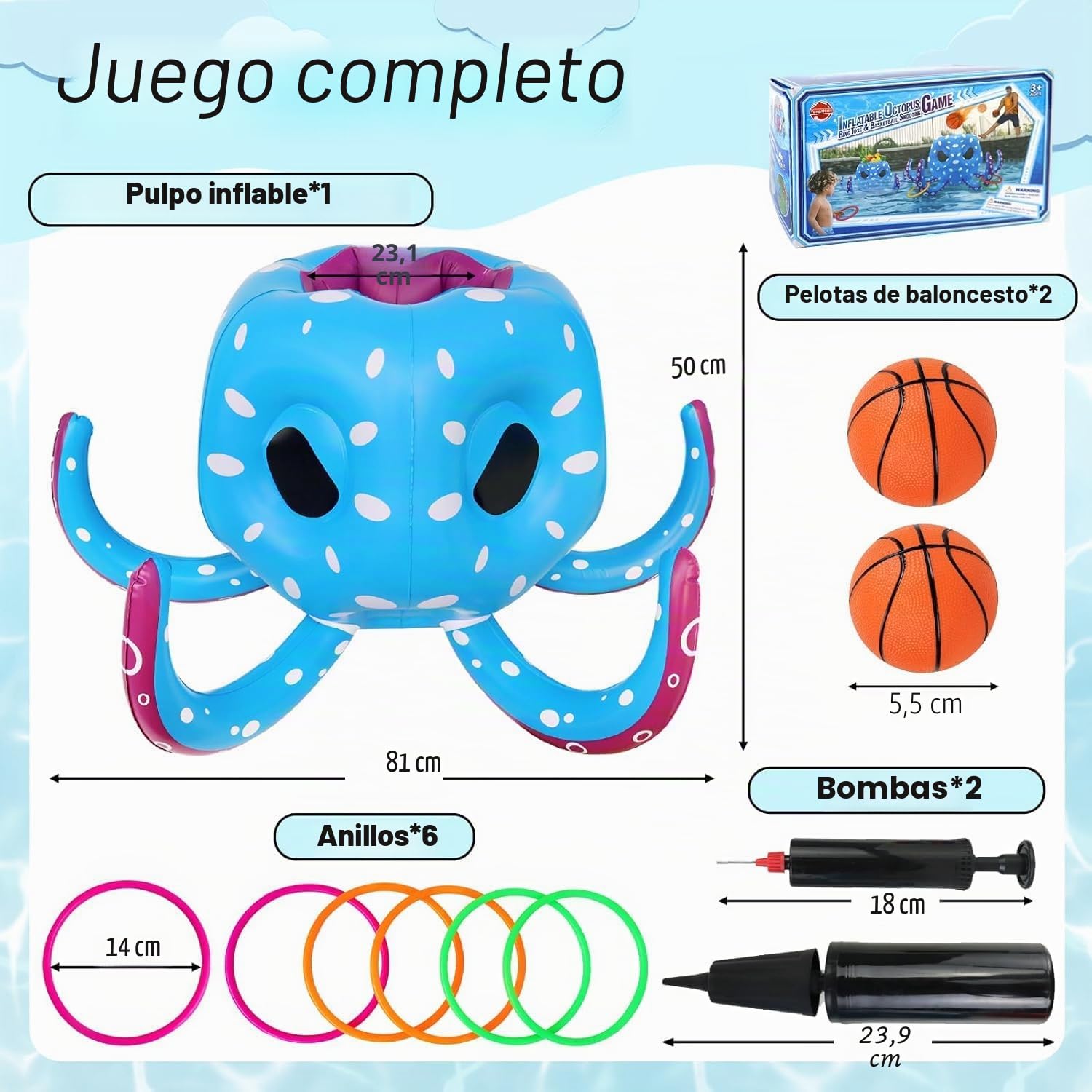 KAHEIGN 80CM Juguetes Inflables para Piscina con Pulpo Forma, 2 en 1 Juegos de Aro de Baloncesto y Lanzamiento de Aros - Juego de Agua Flotante Inflable para Verano Lago Playa Agua Juego Fiesta Regalo