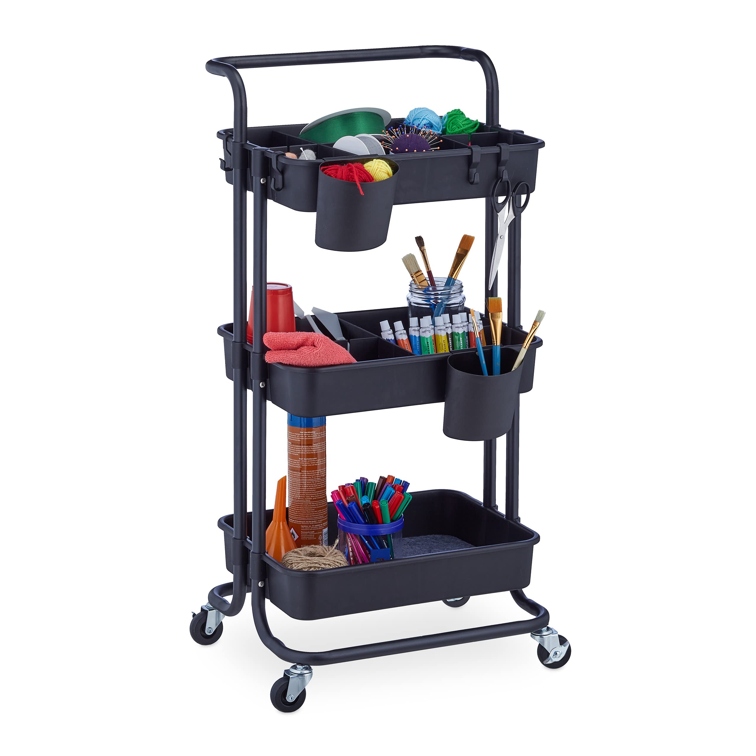 Carrito auxiliar de 3 niveles negro de metal con frenos Relaxdays 86x43x42 cm