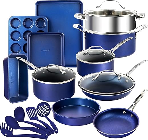 GRANITESTONE 20 Pc Kitchen Pots and Pans Set Non Stick Cookware Set, Kitchen Cookware Sets, Granite Nonstick Cookware Set, Diamond Coated Non Toxic Cookware Set, Oven & Dishwasher Safe - Blue