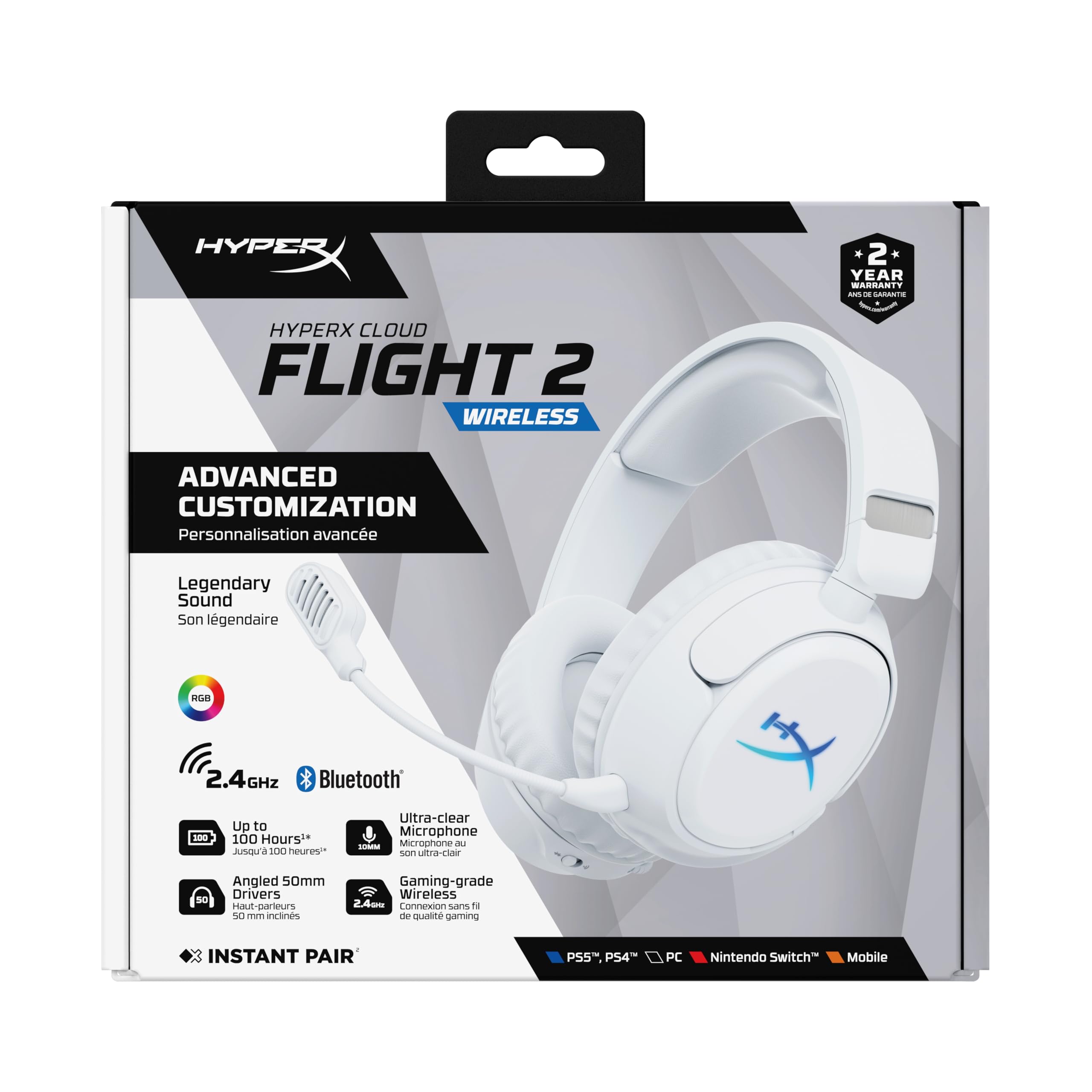 HyperX Cloud Flight 2 Casque de Gaming sans Fil, lumières RVB Personnalisables, Batterie 100 Heures, Dual Wireless 2,4 GHz et Bluetooth, Instant Pair, PC/PS/Switch/Mobile, Blanc