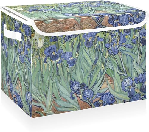 Contenedores grandes de tela con tapas, cajas de almacenamiento de Irises Van Gogh con asas para organizar la ropa, cubos de almacenamiento