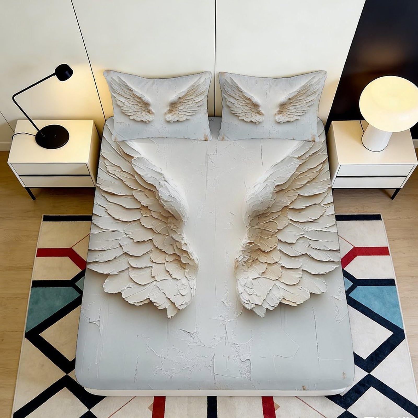 3D Printed Angel Wings Fitted Sheet Microfiber Soft Durable 3D Printed Feather Bed Cover for Bedroom Dormitory Guest Room Mattress Protection 180x200x25cm