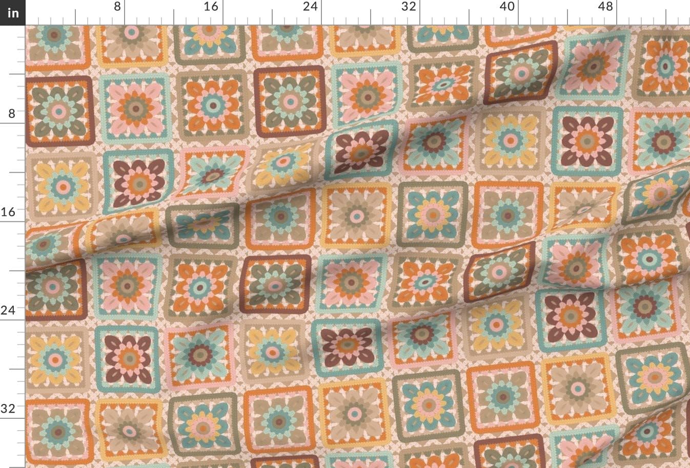 Spoonflower Fabric - Vintage Pastel Floral Granny Square Hygge Crochet Faux Pink Blue Beige Printed on Minky Fabric by The Yard - Sewing Baby Blankets Quilt Backing Plush
