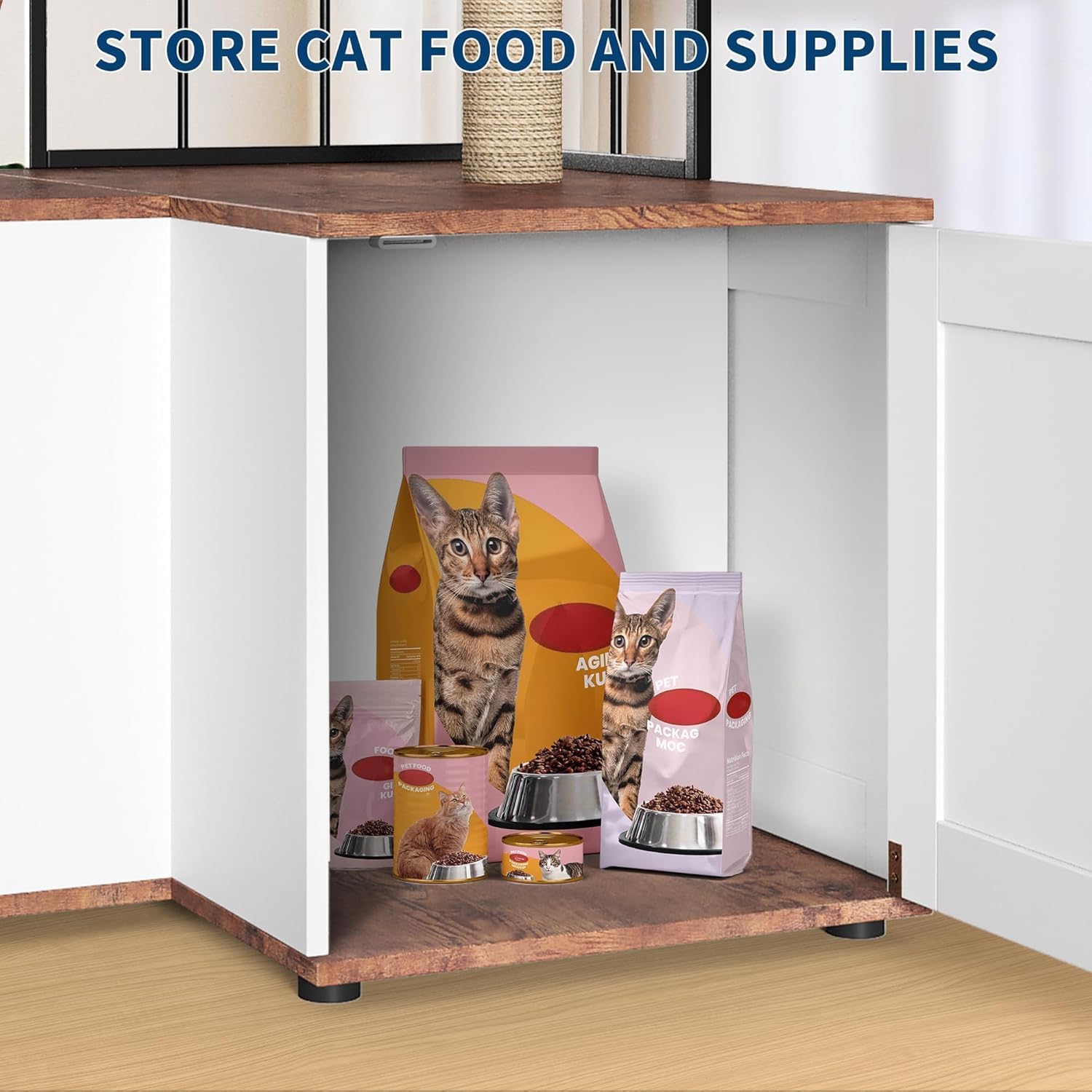 Katzentoilette mit Aufbewahrungsschrank, verstecktes Katzenstreumöbel mit Kratzbrett, Kratzbrett und Spielbälle, großer Kratzbaum mit Katzenstreuschrank, Möbel aus Holz