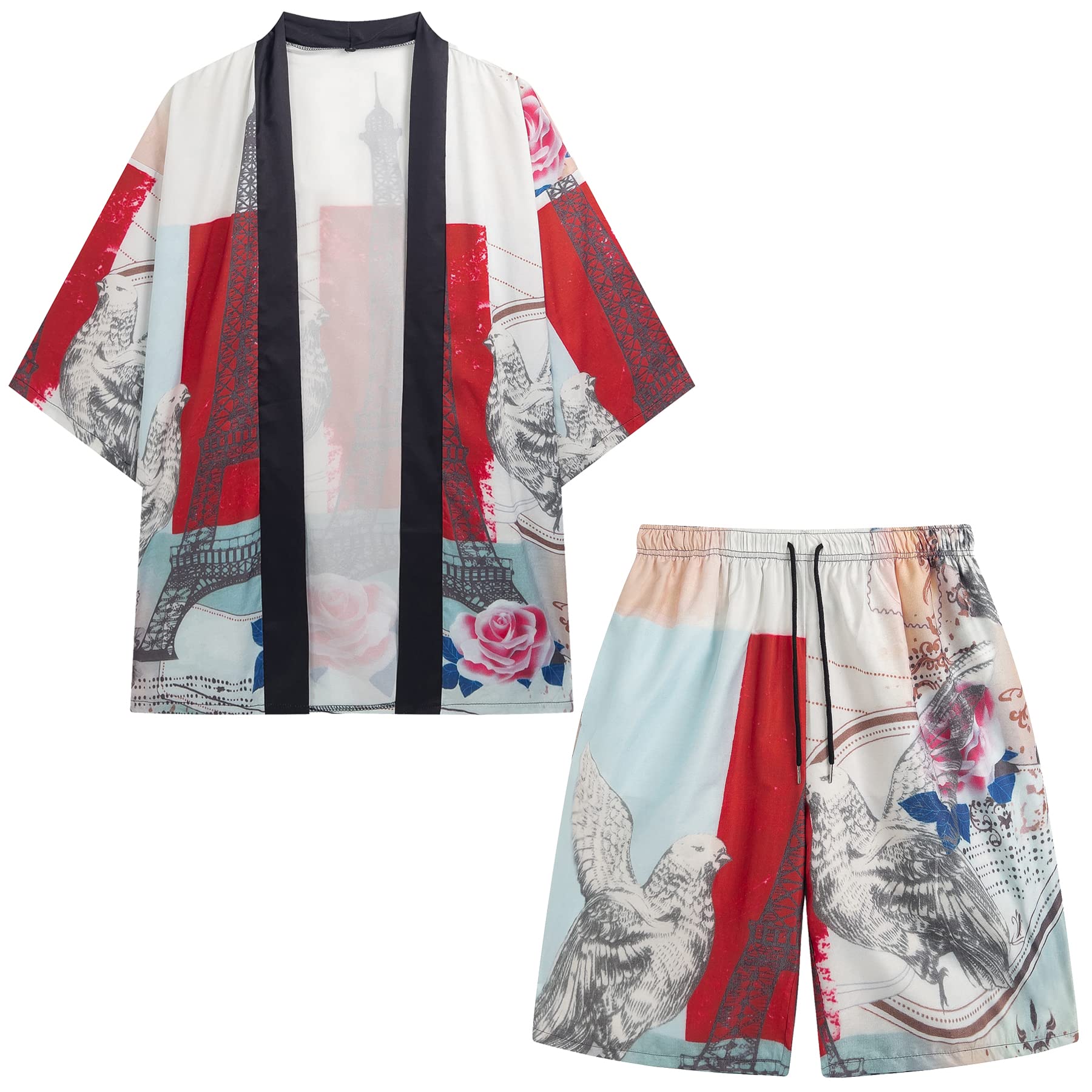 PRIJOUHE Mens Kimono Set Japanese Haori &amp; Shorts 2 Piece Summer Outfits