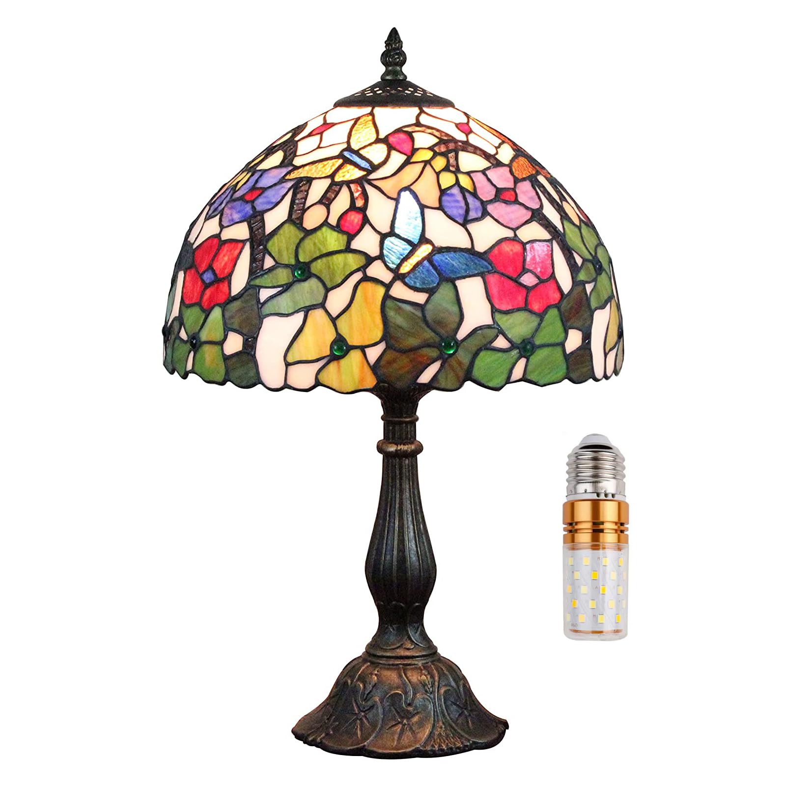 12 Pollici Lampada da tavolo in stile Tiffany Paralumi in vetro colorato Lampada da comodino Lettura Luce da scrivania antica Soggiorno Camera da letto Ufficio Vintage Art Deco Vit(Color:B-6)