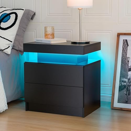 Miniatura 4 de i-aplus Juego de 2 mesitas de noche LED con 2 cajones, mesita de noche con cajones para muebles de dormitorio, mesa de cama lateral con luz LED