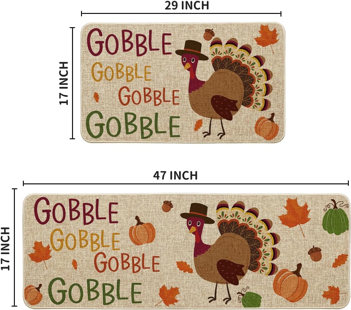 Artoid Mode Gobble Turkey Pumpkin Thanksgiving Decorative Kitchen Mats Set of 2, Fall Home Low-Profile Floor Kitchen Rugs-17x29 and 17x47 Inch