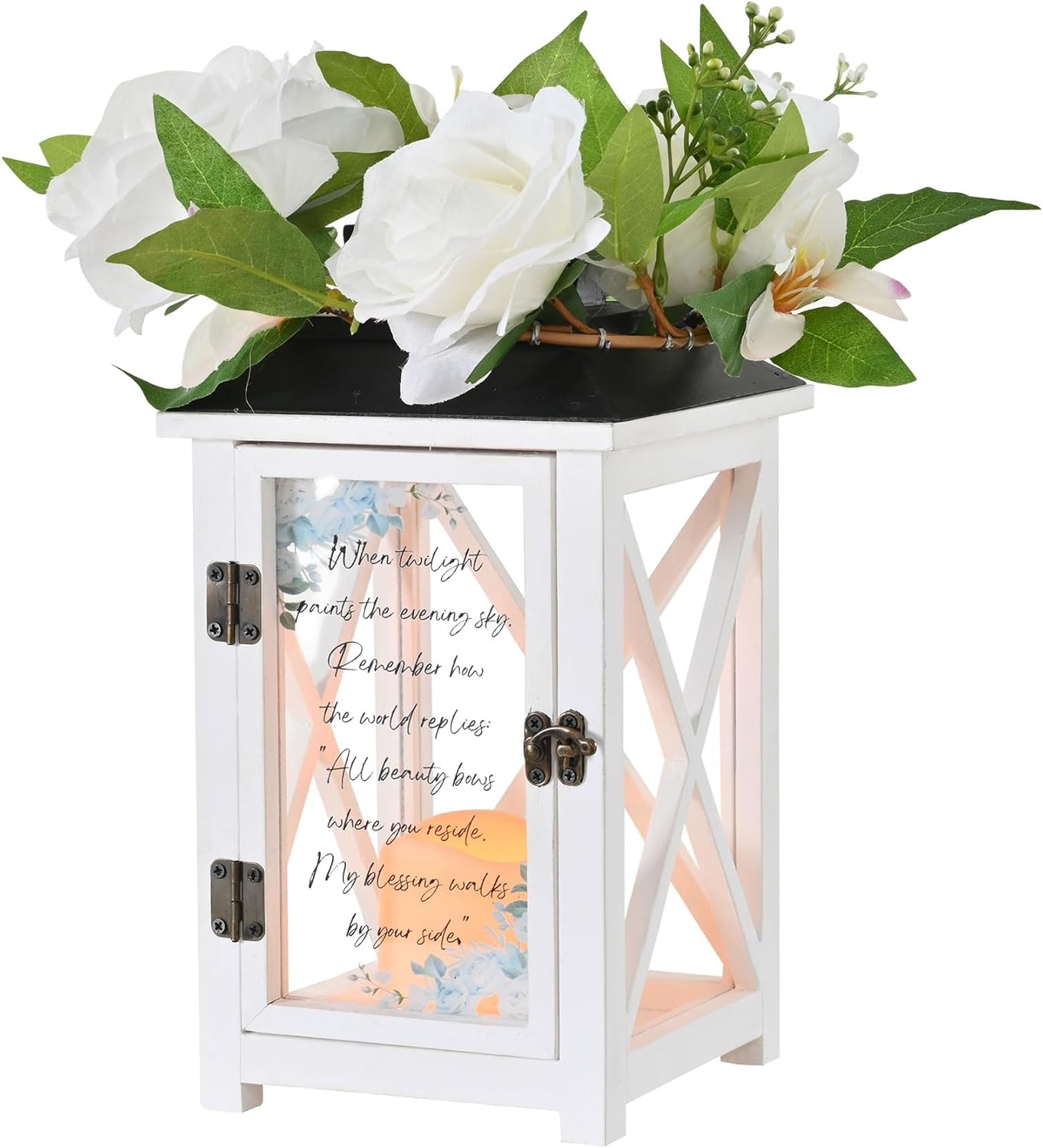 Memorial Lantern for Loss of Loved One - Sympathy Lantern for Funeral Gift & Condolences - Waterproof Wood Lantern with Flameless Candle & Silk Roses,13.5" Anniversary Tribute for Home & Porch