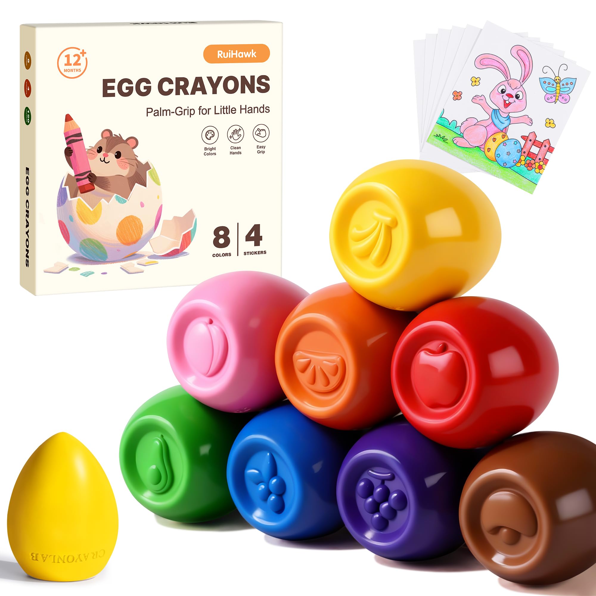 8 Colors Egg Crayons for Toddlers 1-3, Jumbo Easy-Grip Crayons | Anti-Roll Flat Bottom & Fruit Patterns，Washable, Non-Toxic, Unbreakable Sensory Toys & First Art Supplies Gift for Age 1-3