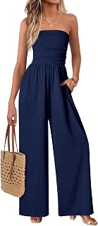 One Piece Jumpsuits for Women Strapless Smocked Casual Rompers Long Pants with Pockets Vacation Summer Outfits