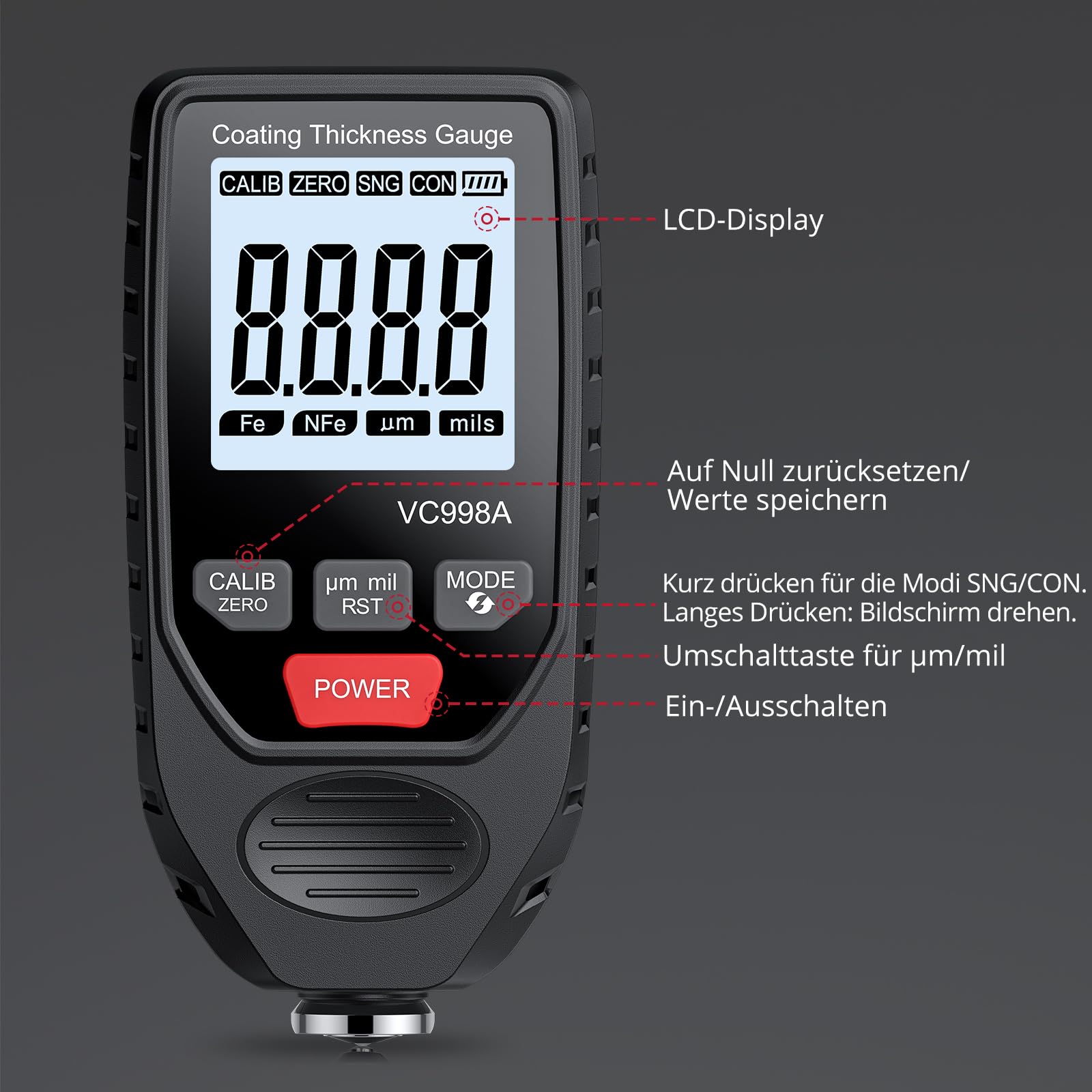 BINTA Lackmessgerät Auto, Schichtdickenmessgerät Autolack Lackdickenmessgerät für Auto Car Karosserie 0-1500μm LCD Display für Eisen Aluminium
