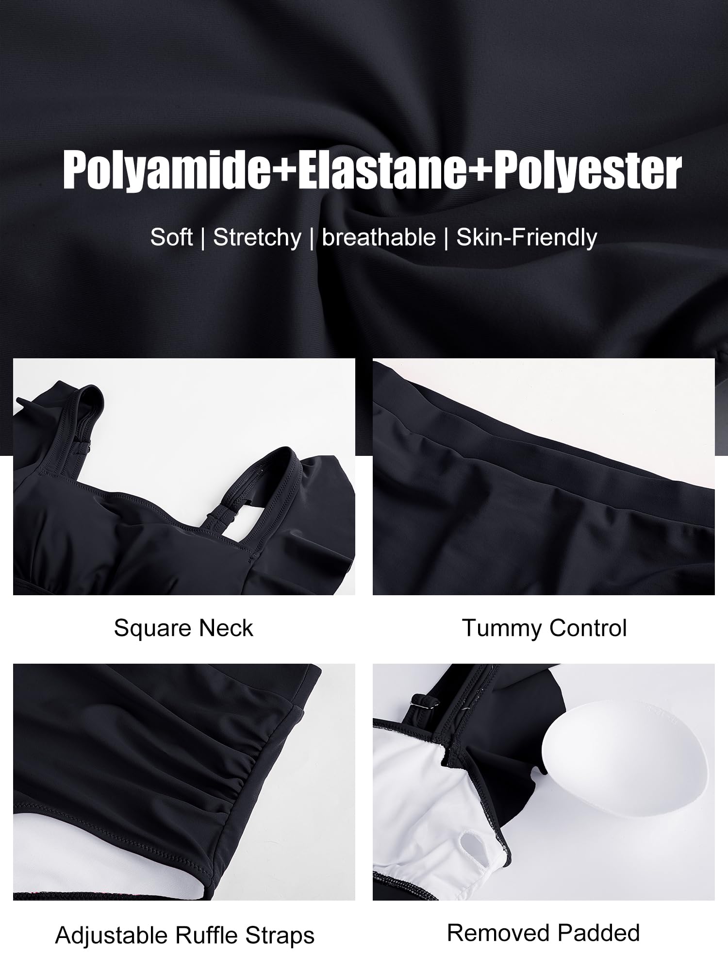Kate Kasin Bikini da donna con volant sfacciato a vita alta controllo della pancia copertura completa push up solido due pezzi costumi da bagno, nero, XX-Large