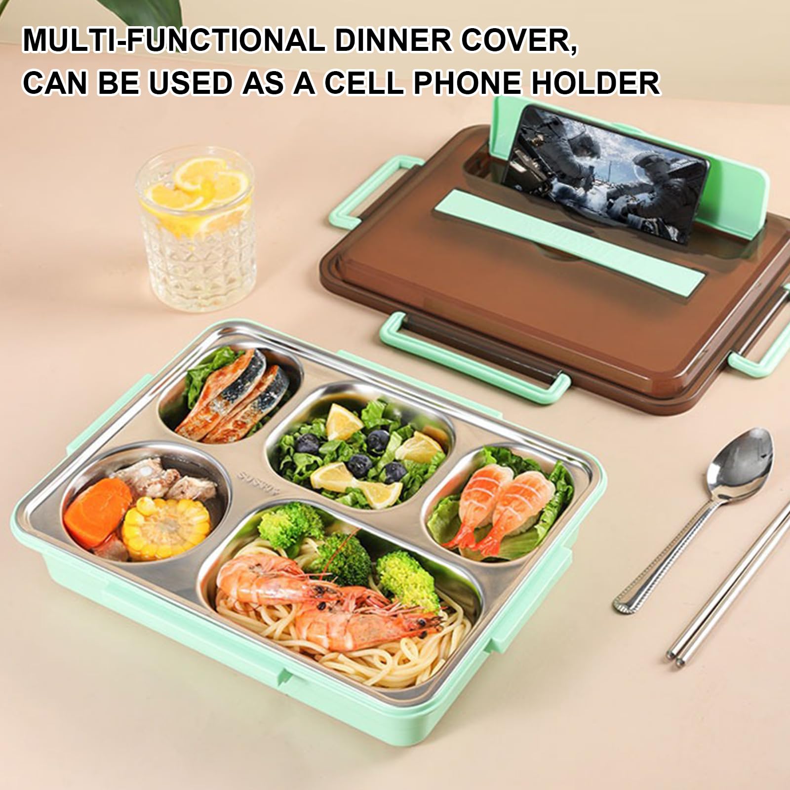 Lunch Box Isotherme Inox 1500 Ml Avec 5 Compartiments - Sac Et Couverts Inclus - Pour Bureau, école, Pique-nique, Vert