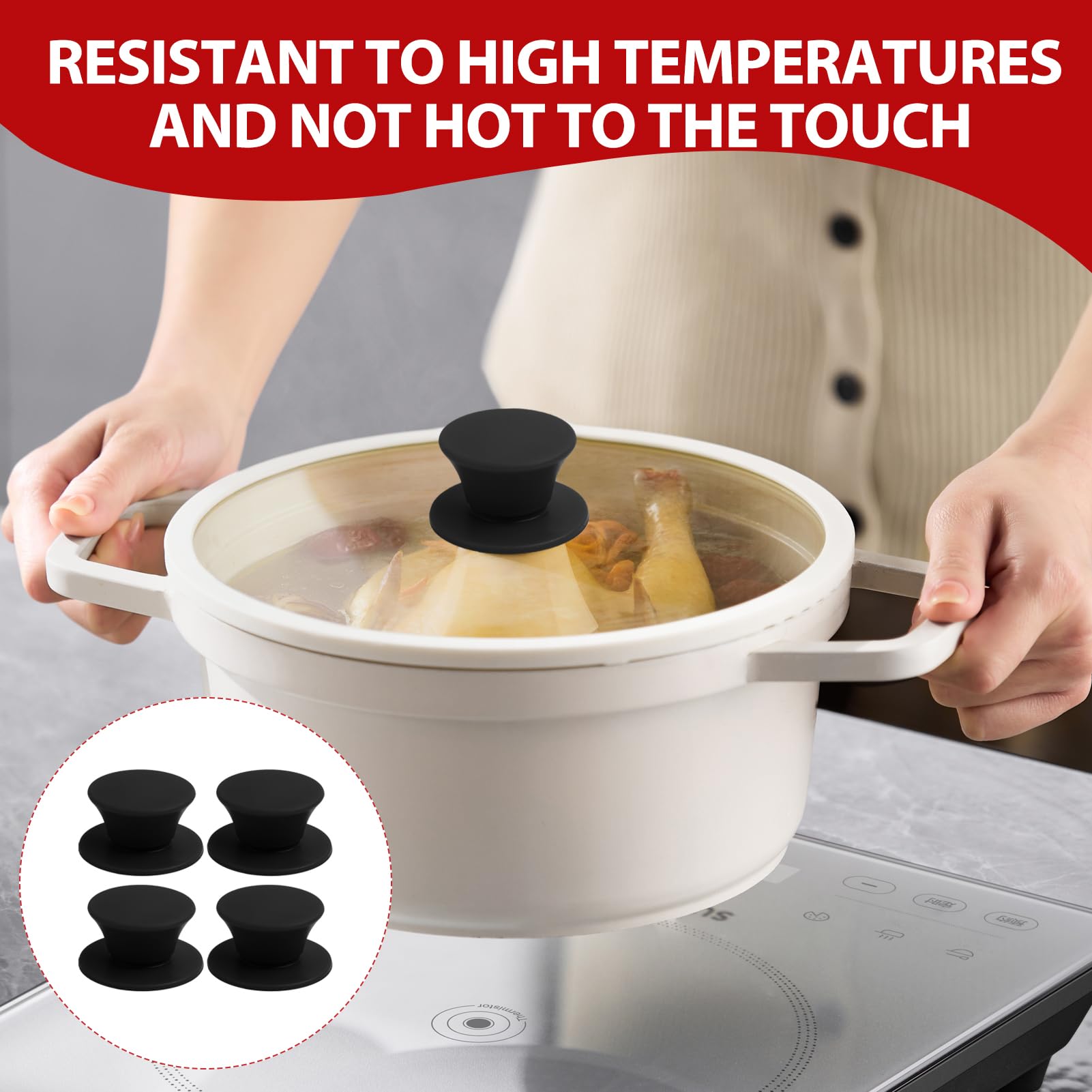 Lot De 4 Poignées De Couvercle De Casserole - Boutons De Rechange En Silicone Pour Couvercle En Verre Avec Trou 91642084