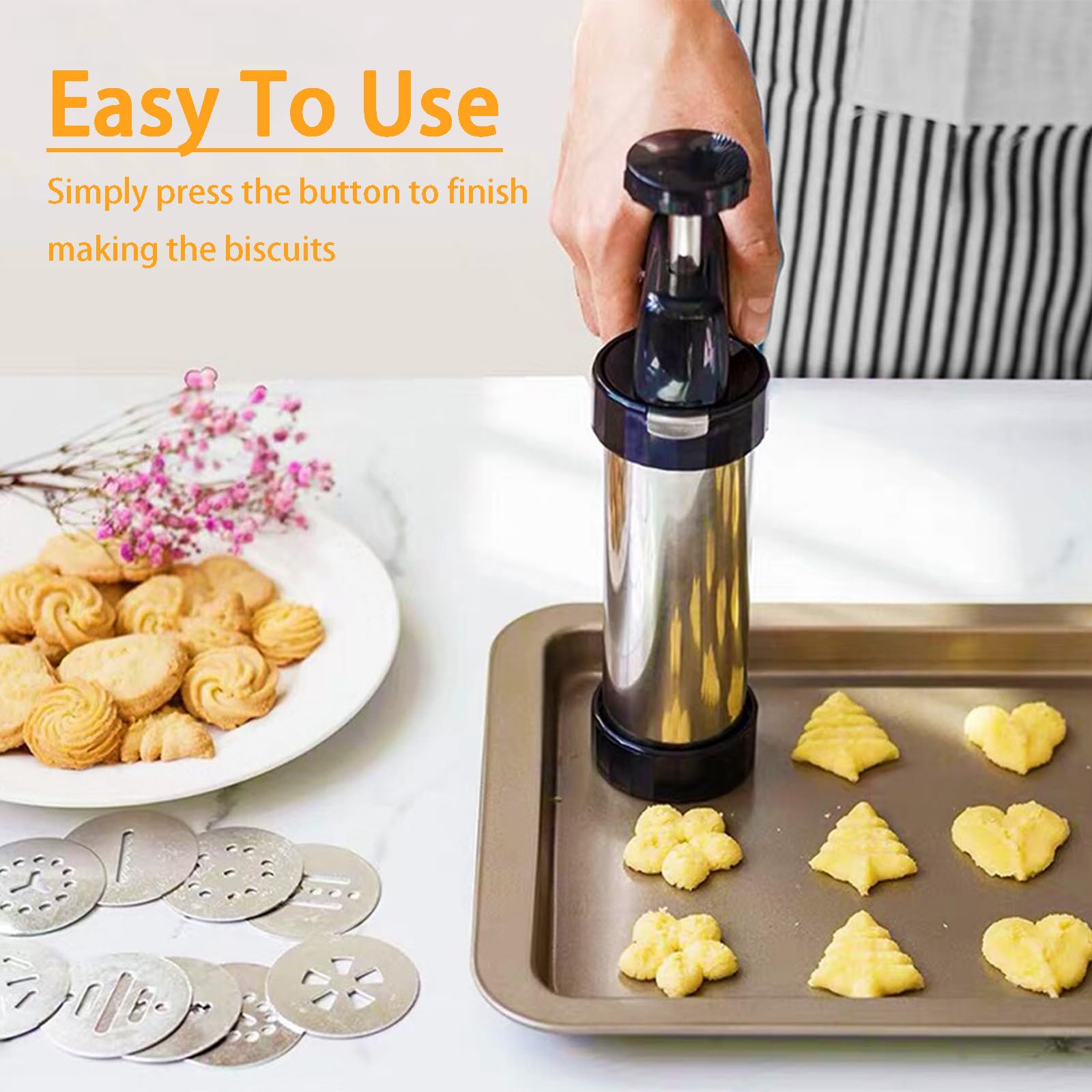 Pistolet à Patisserie, Professionnelle Pistolet a Douille Patisserie Aciers Inoxydables Machine à Biscuits avec 16 Gabarits, 8 Douilles, Sac à Cadre en TPU et Brosse de Nettoyage pour Gâteaux Biscuits