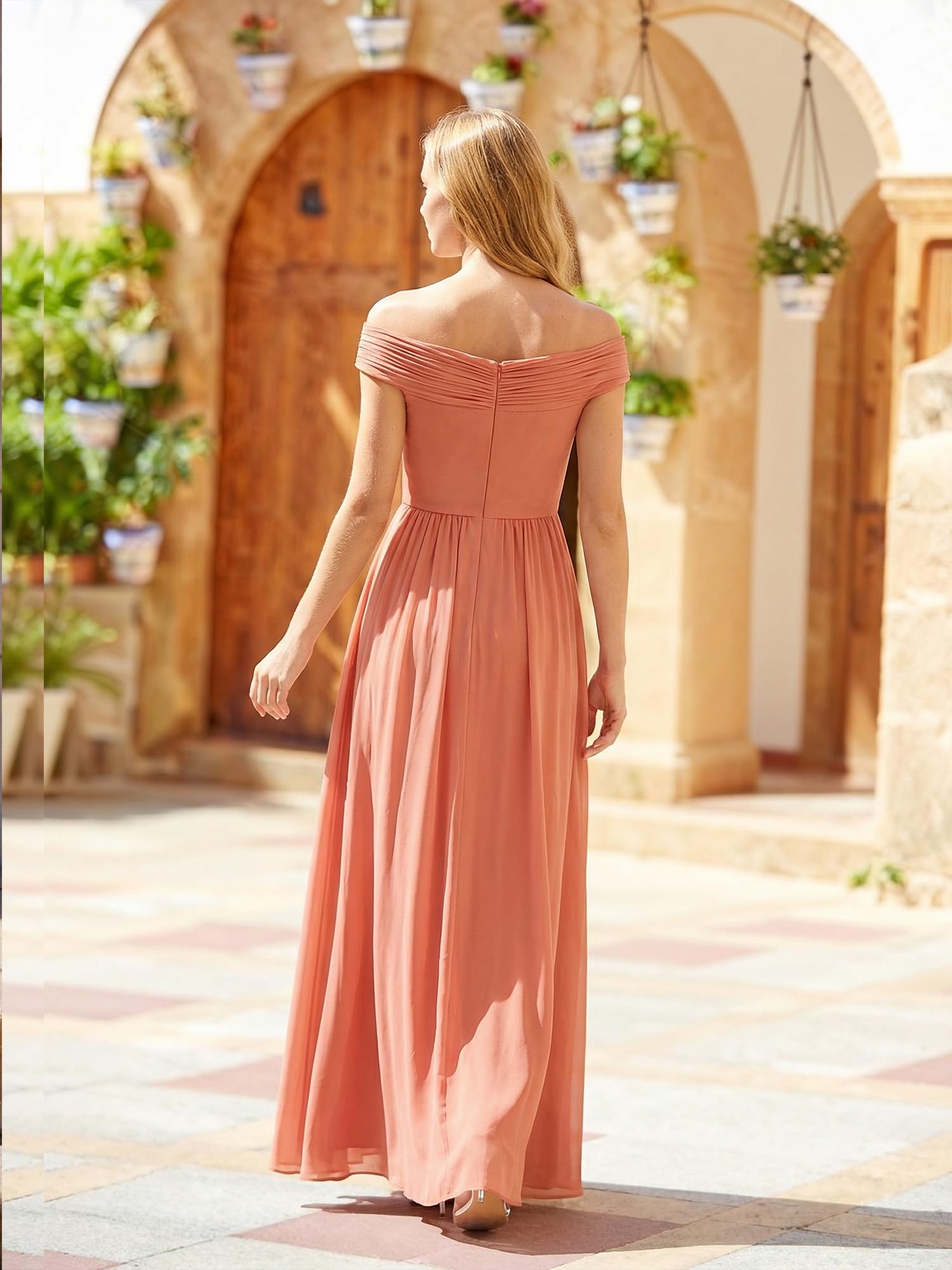 Ever-Pretty Abiti da Damigella Collo a V Senzamaniche Chiffon Maxi Gonna Svasata ES02695