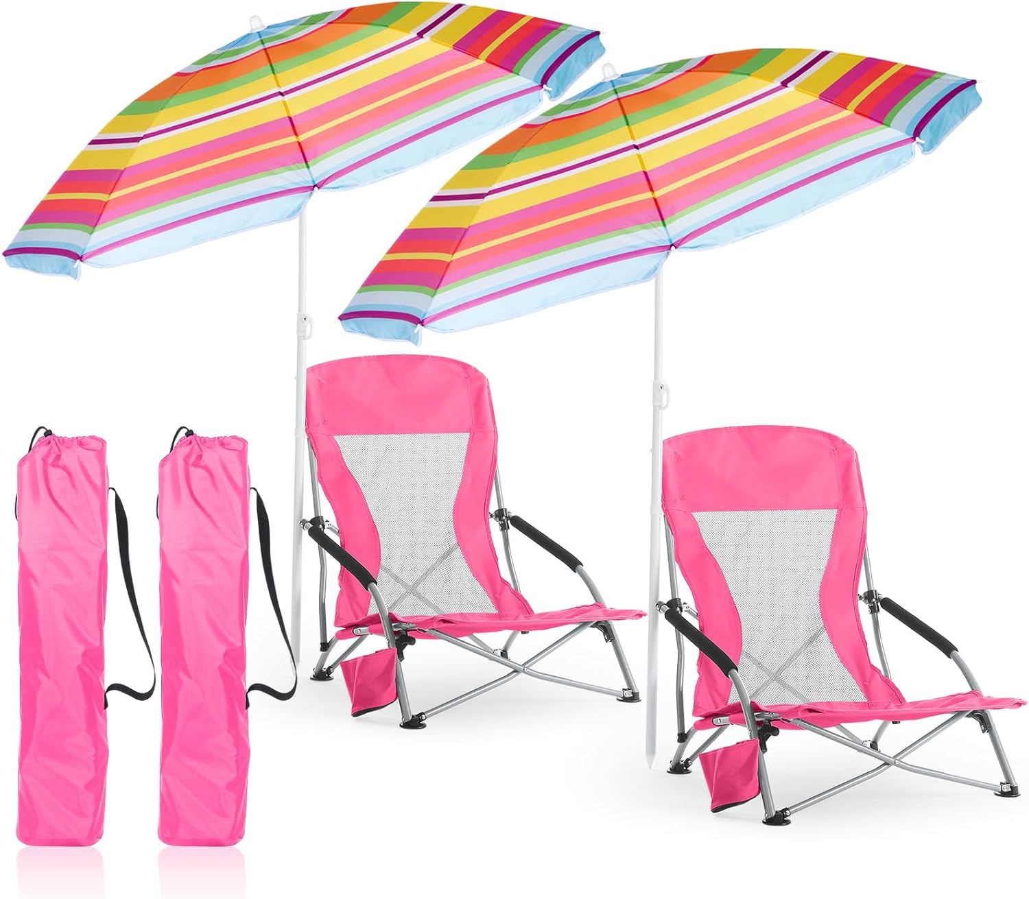 Huwena 2 Pack Beach Chair for Adult with 2 Umbrella Low Folding Chair Detachable Adjustable Lightweight with Armrests Cup Holder Carry Bag Portable for Sand Camping Travel Outdoor Pool (Rose Red)
