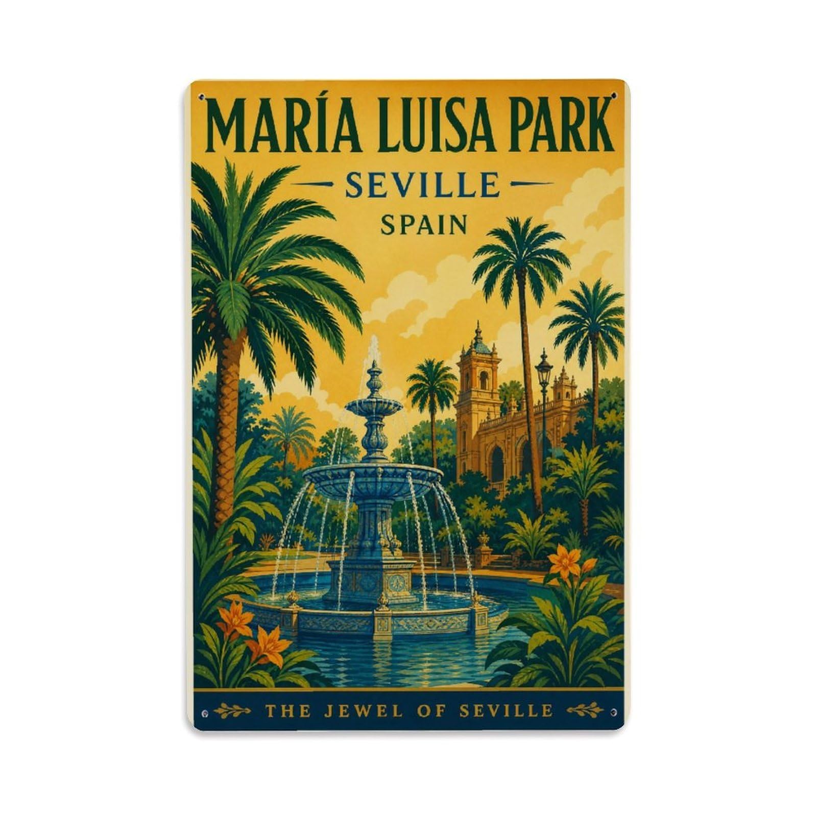 Vintage Maria Luisa Park Palm Trees Fountain Spain Metal Tin Sign