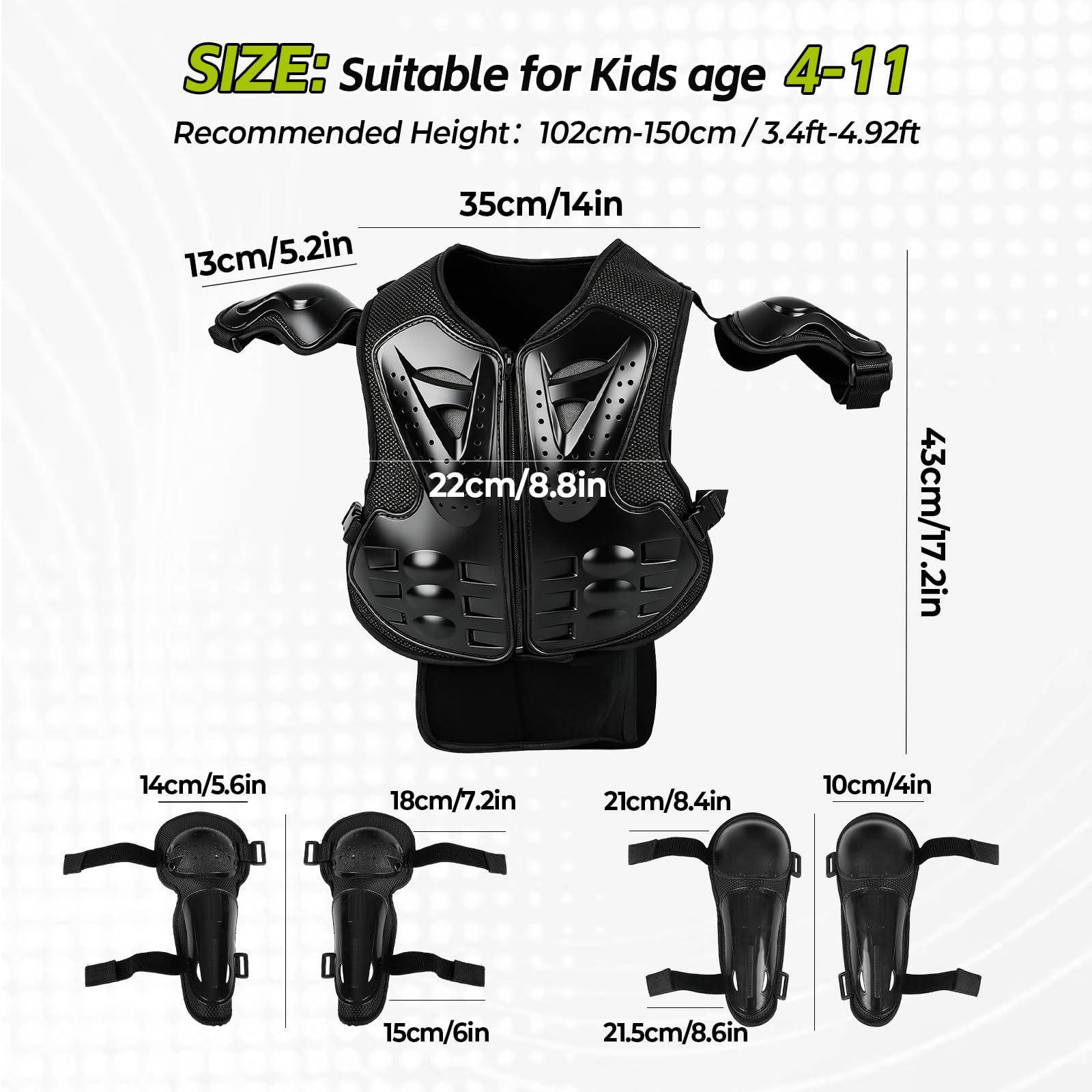 Traje de armadura corporal de motocicleta para niños, chaqueta protectora de motocicleta de 5 piezas con rodilleras, coderas, protector de pecho para ciclismo, motocross, patineta, actividades al aire