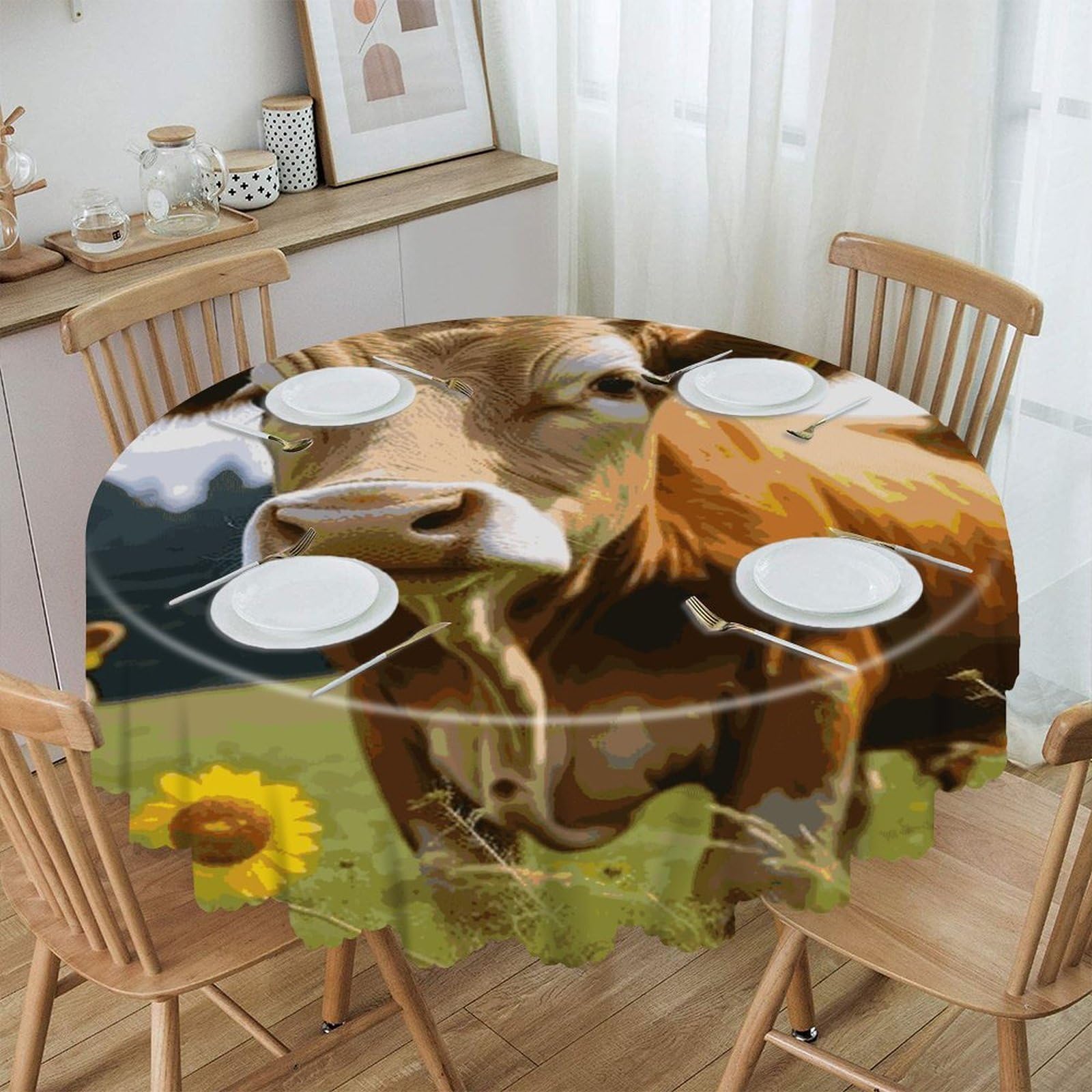 VstaDank Animal Brown Cow Round Tablecloth 60 Inch Easy to Clean Circle Table Cover Thick Decorative Round Polyester Table Cloth for Dining Kitchen Party Farmhouse Outdoor
