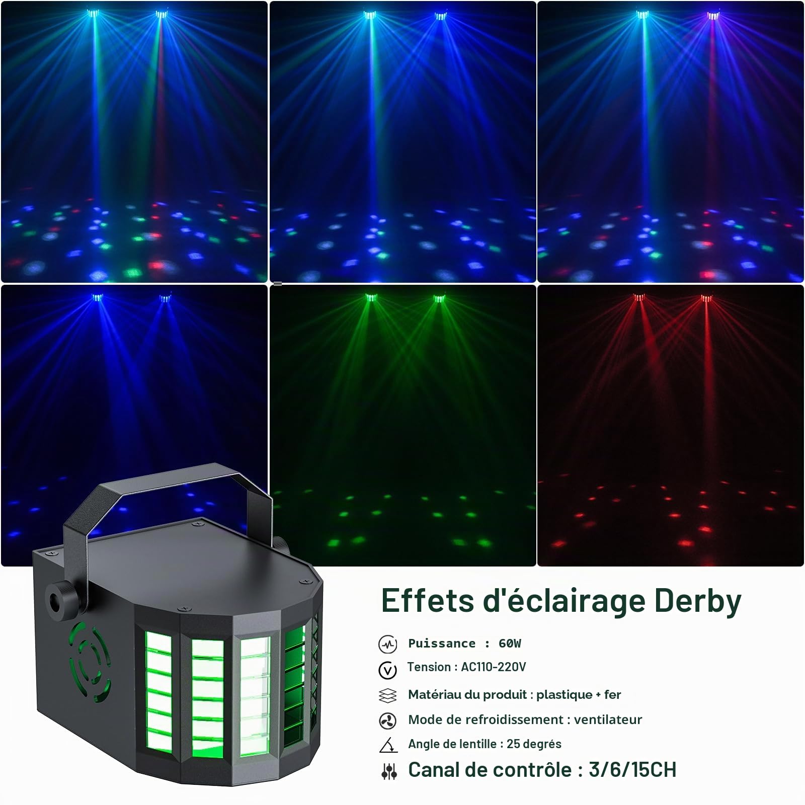 60W Derby+RGBW Par LED lumière DJ set avec sac, support et télécommande, éclairage de scène avec DMX-3/6/15 canaux lumières disco pour fête, églises, concerts, mariages, Noël