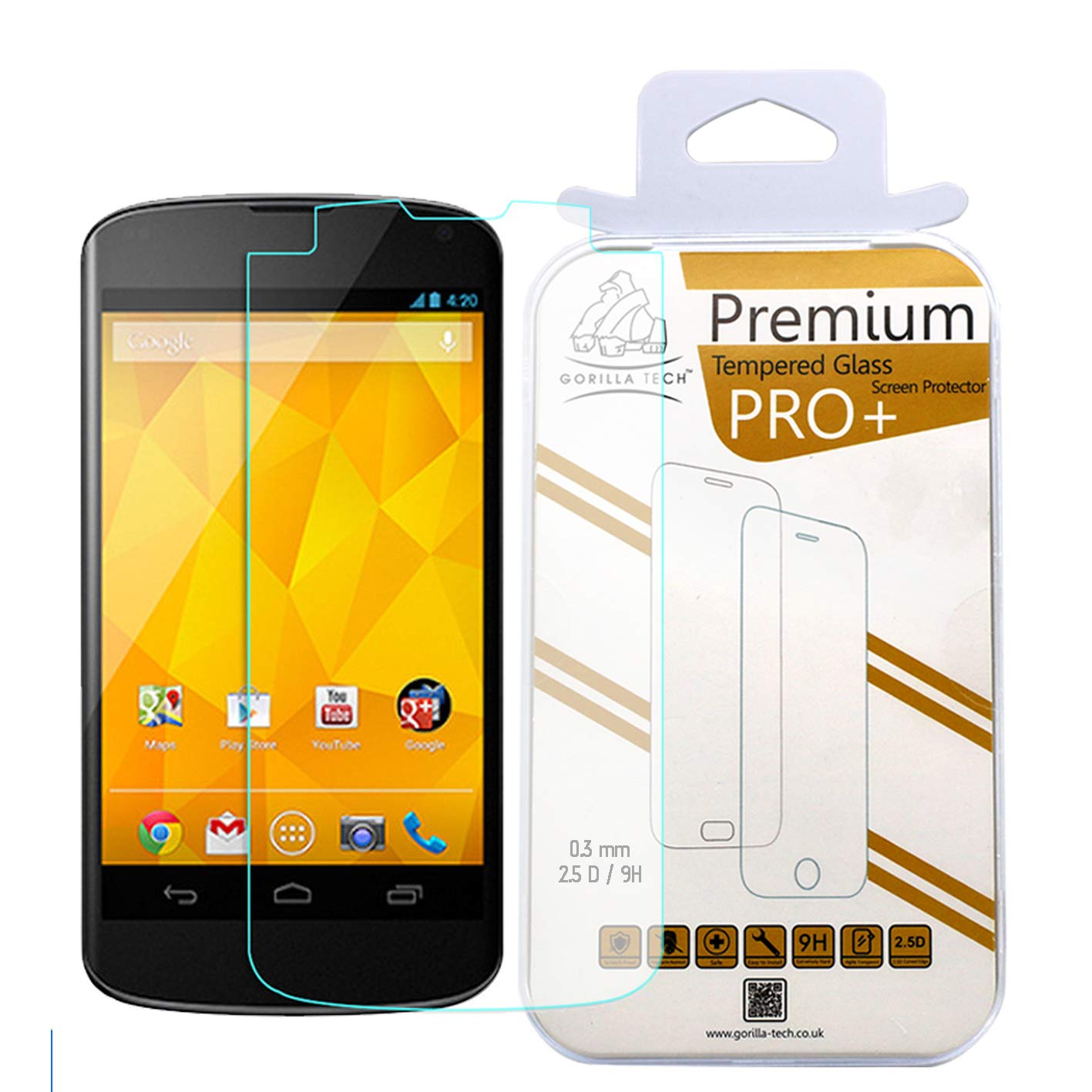 Gorilla TechPremium Tempered Glass Screen Protector for LG Nexus 4 Invisible Shield Cover 9H Hardness Crystal Clear HD Quality Shatter and Scratch Resistant 3D Touch Compatible LCD Screen Guard
