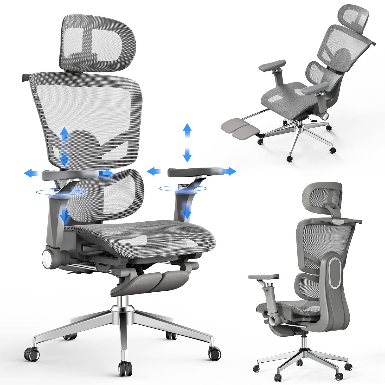naspaluro Sedia Ufficio Ergonomica, Sedia Scrivania con Poggiapiedi Estraibile, Braccioli 6D, Seduta Regolabile, Schienale Rete Traspirant Supporto Lombare Poltrona Gaming, Carico 150 kg, Grigio
