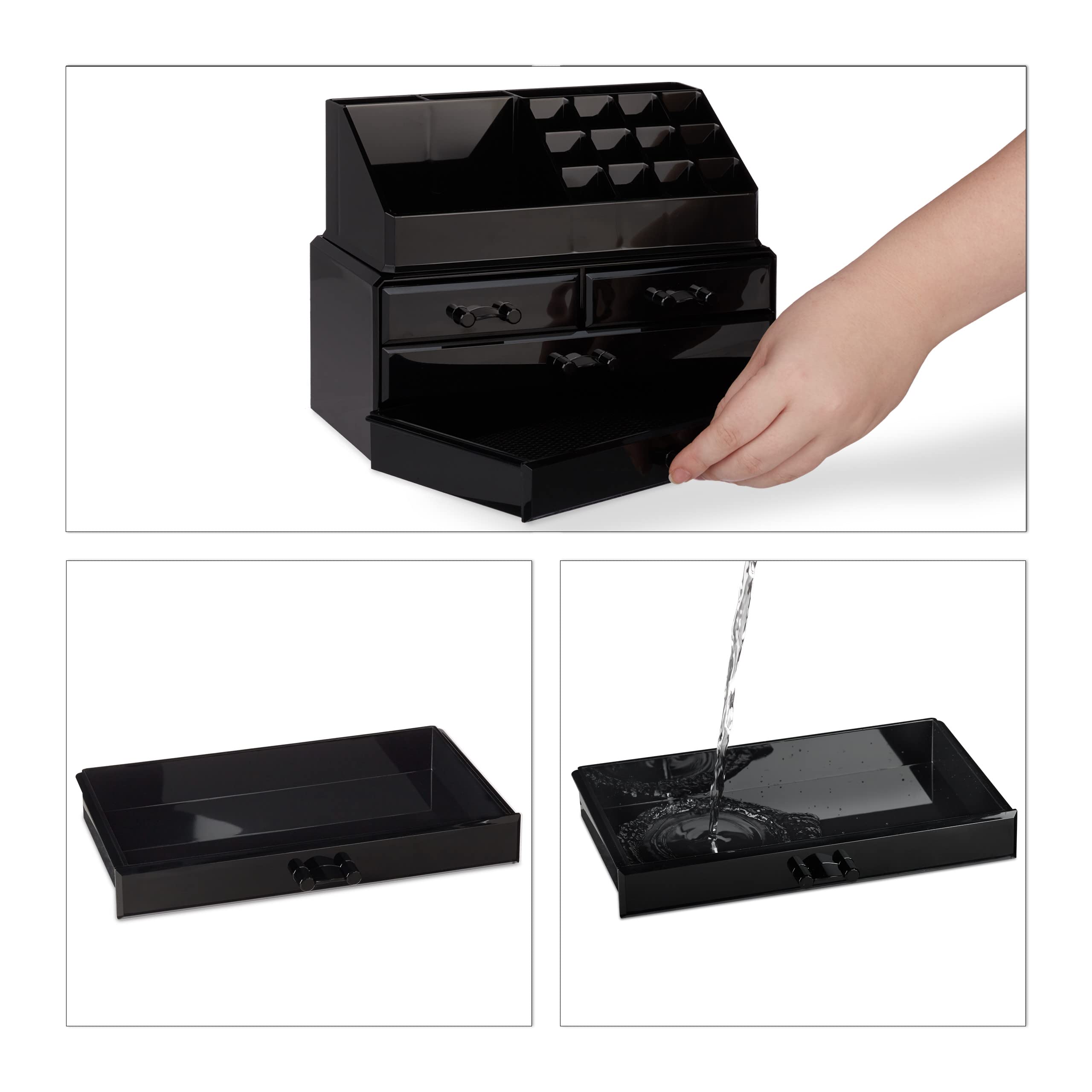 Relaxdays 2x Organizer Make-up, Contenitore con Porta-Rossetti e 4 Cassetti, Acrilico, Nero