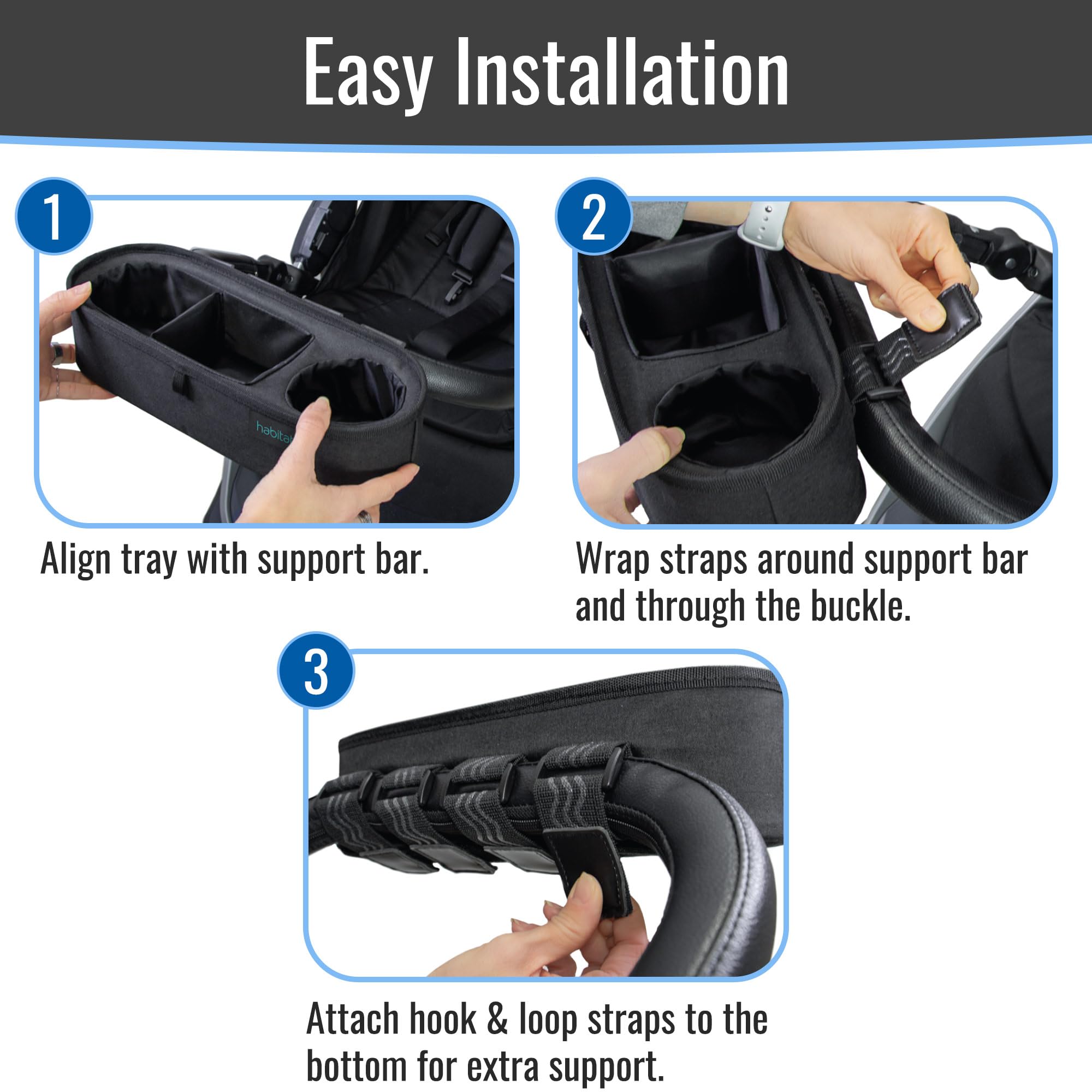 Habitat Bandeja Universal para Aperitivos para Cochecito con portavasos Aislado, Compartimento Dividido con Correas Antideslizantes seguras, Accesorio para Bandeja de Aperitivos para Cochecito Que se