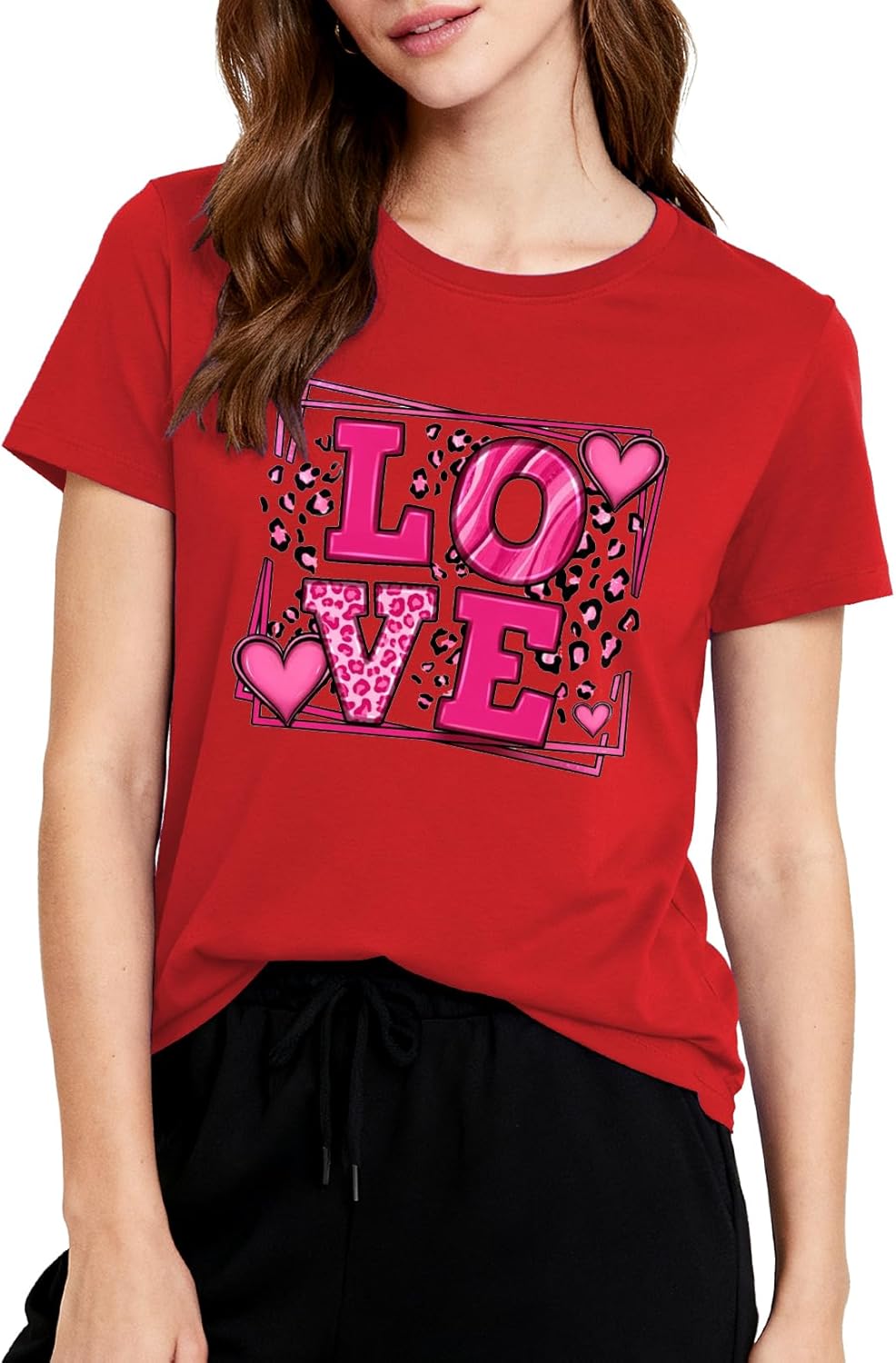 Womens Valentines Shirt -Pink Love Heart Graphic Tshirts Funny Teen Girl's Holi Vacation Casual Outfit Pink - Image 4