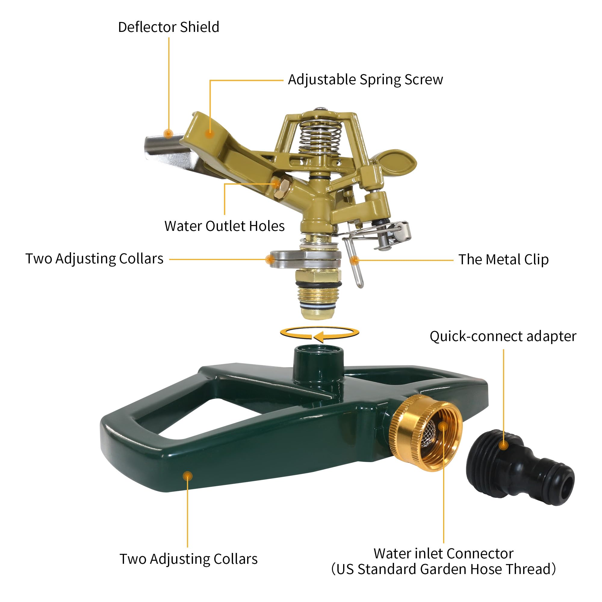 Aspersores de impacto para patio con base de metal, aspersor de impulso de aleación de zinc resistente, rotación automática de 360° para césped y jardín grandes, cobertura de hasta 5,800 pies