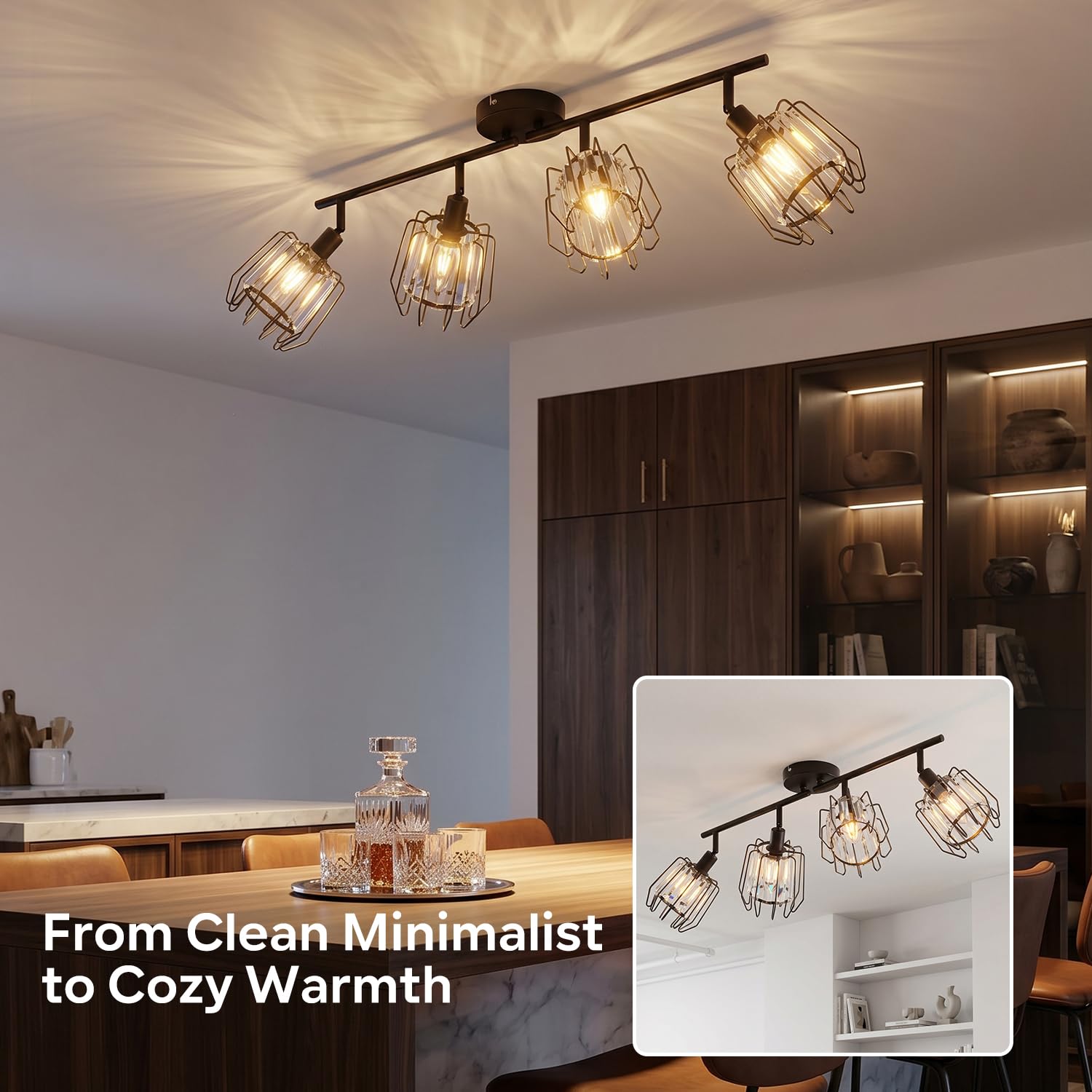 LVWIT Deckenstrahler 4 Flammig Deckenlampe Vintage - Wohnzimmer Deckenleuchte Schwarz Kristall Design Retro Strahler E14 Metall Wohnzimmerlampe Spots für Schlafzimmer Küche Flur(Ohne Leuchtmittel)