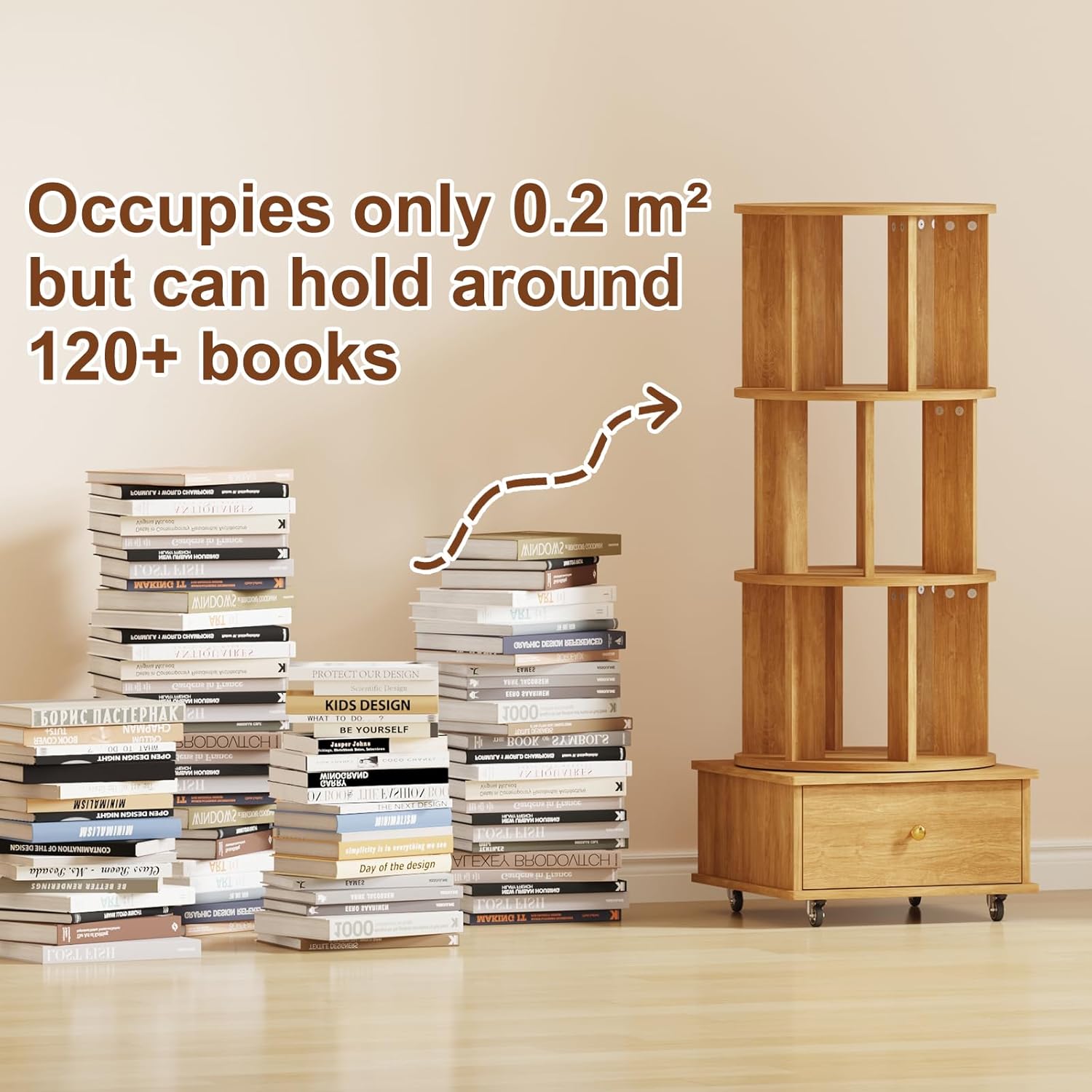 3-Tier Rotating Bookshelf with Drawers on Wheels, 360° Spinning Corner Bookcase, Solid Wood Storage Tower for Adults, Narrow Organizer for Bedroom, Home Office, Study Room(Nature)