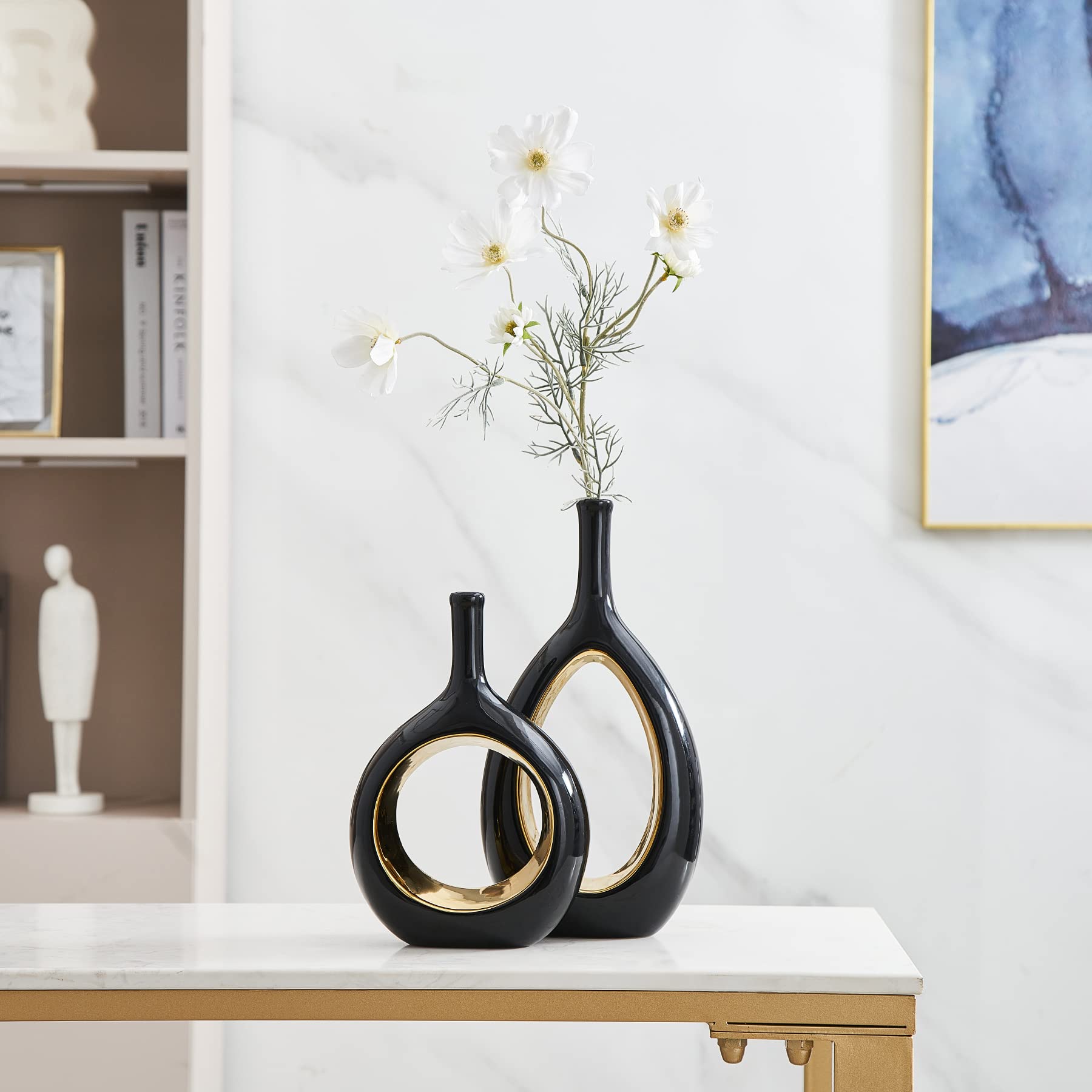 Octdays Schwarz und Gold Vase für Dekor, Moderne Keramikvase für Blumen, Minimalistische Vase, Hohle Ovale Vase für Heimdekoration, Wohnzimmer, Büro, Bücherregal Dekoration, 2er Set (Schwarz Gold)
