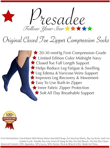 Miniatura 6 de Presadee Original Navy 20-30 mmHg Cremallera Firme Pierna de compresión Calcetines de dedo del pie cerrado Hombres Mujeres 1 par (3XL)