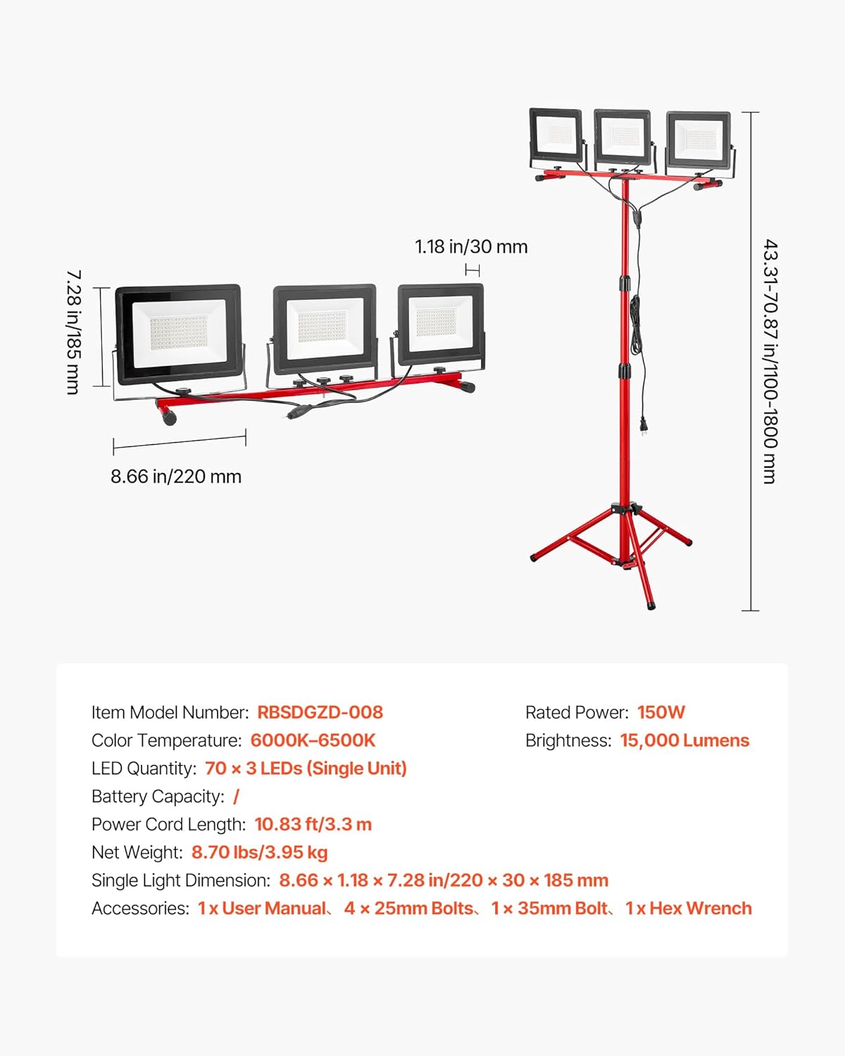 VEVOR LED Work Light showing the full assembly with tripod and three light heads