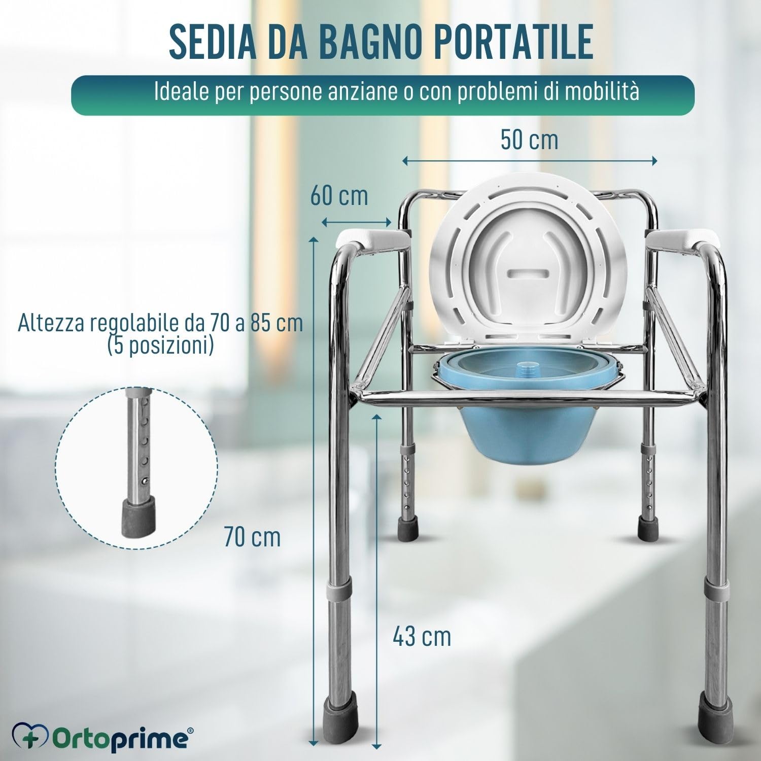 OrtoPrime Sedia WC per Anziani - Sedia Comoda con WC Multifunzionale, Pieghevole, Ideale per Disabili - Sedia Orinale Portatile con Bidet Acoplable - Sedia da Doccia e Bagno per Anziani.