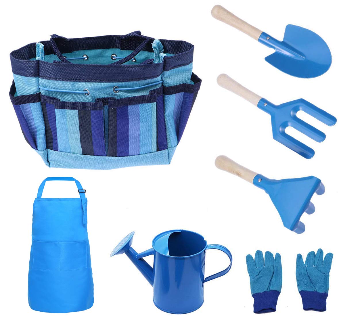FUQUN Kids Gardening Tools Includes Sturdy Tote Bag, Metal Watering Can, Shovel, Rake, Trowel, Kids Garden Toys Gift for Preschool Boys & Girls, Toddler Garden Tools Set, Preschool Outdoor Toys