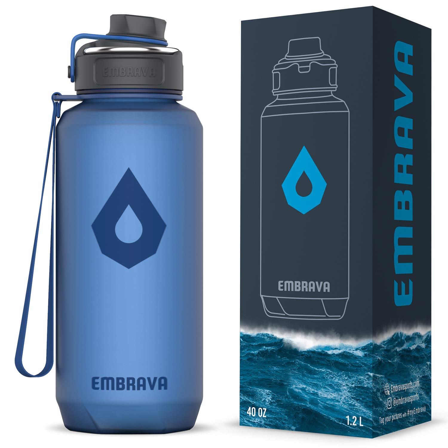 Embrava 40oz Water Bottle - Large with Travel Carry Ring - Wide Leak Proof Drink Spout - Heavy-Duty, BPA & BPS Free Tritan Plastic - Best for Sports, Hiking, Gym, Men & Women
