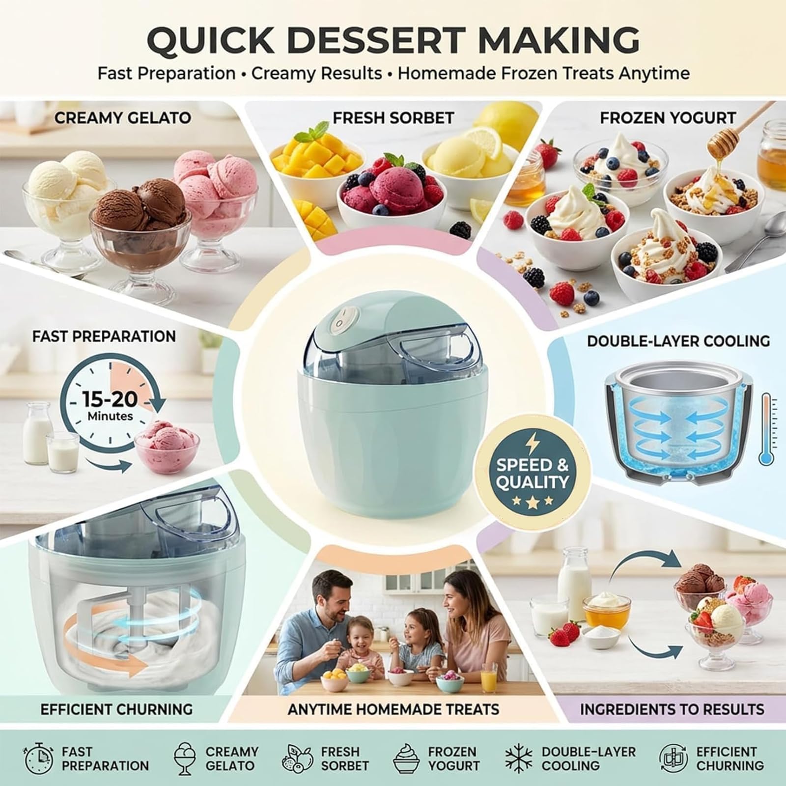 Mini máquina eléctrica de helado, 500 ml, máquina de postre casera de un solo toque, diseño compacto para golosinas congeladas caseras, ideal para fiestas y uso en la cocina